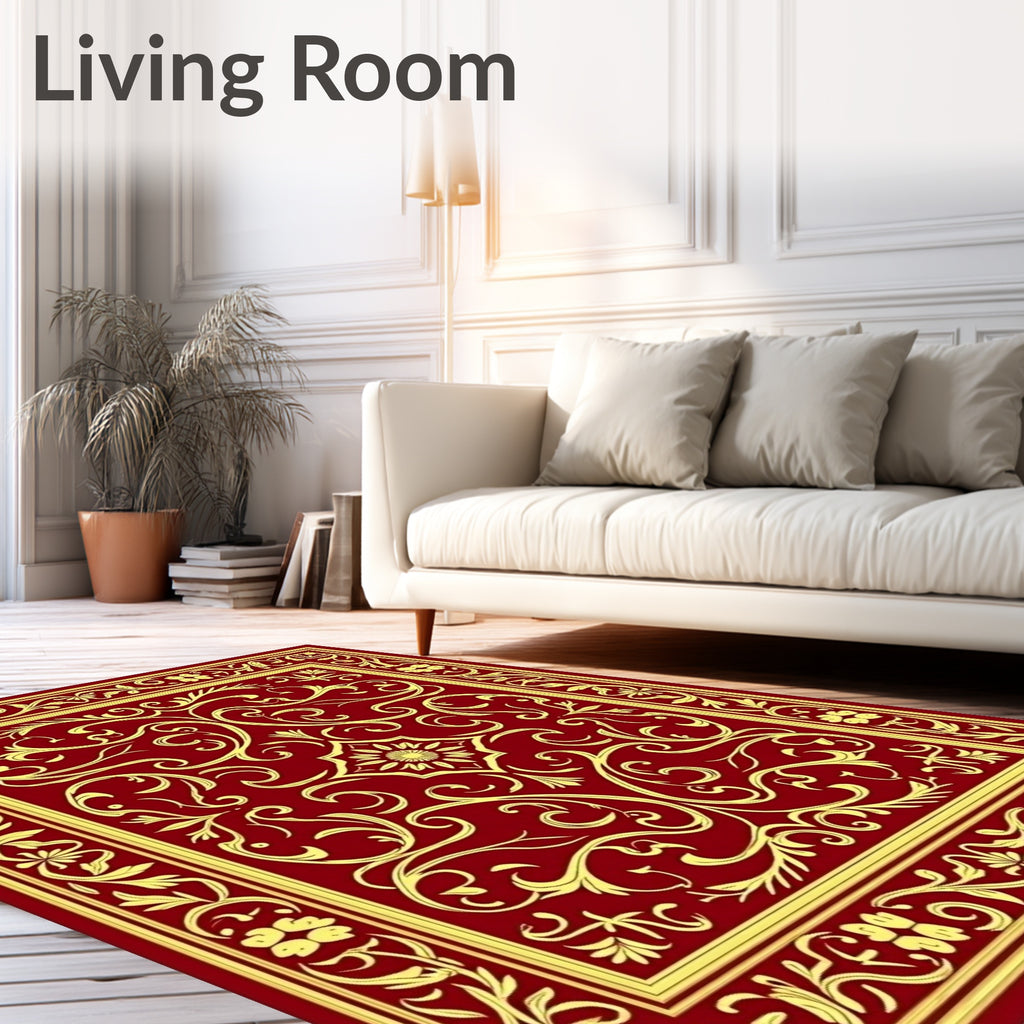 Ornate Red Gold Floral Scroll Rug