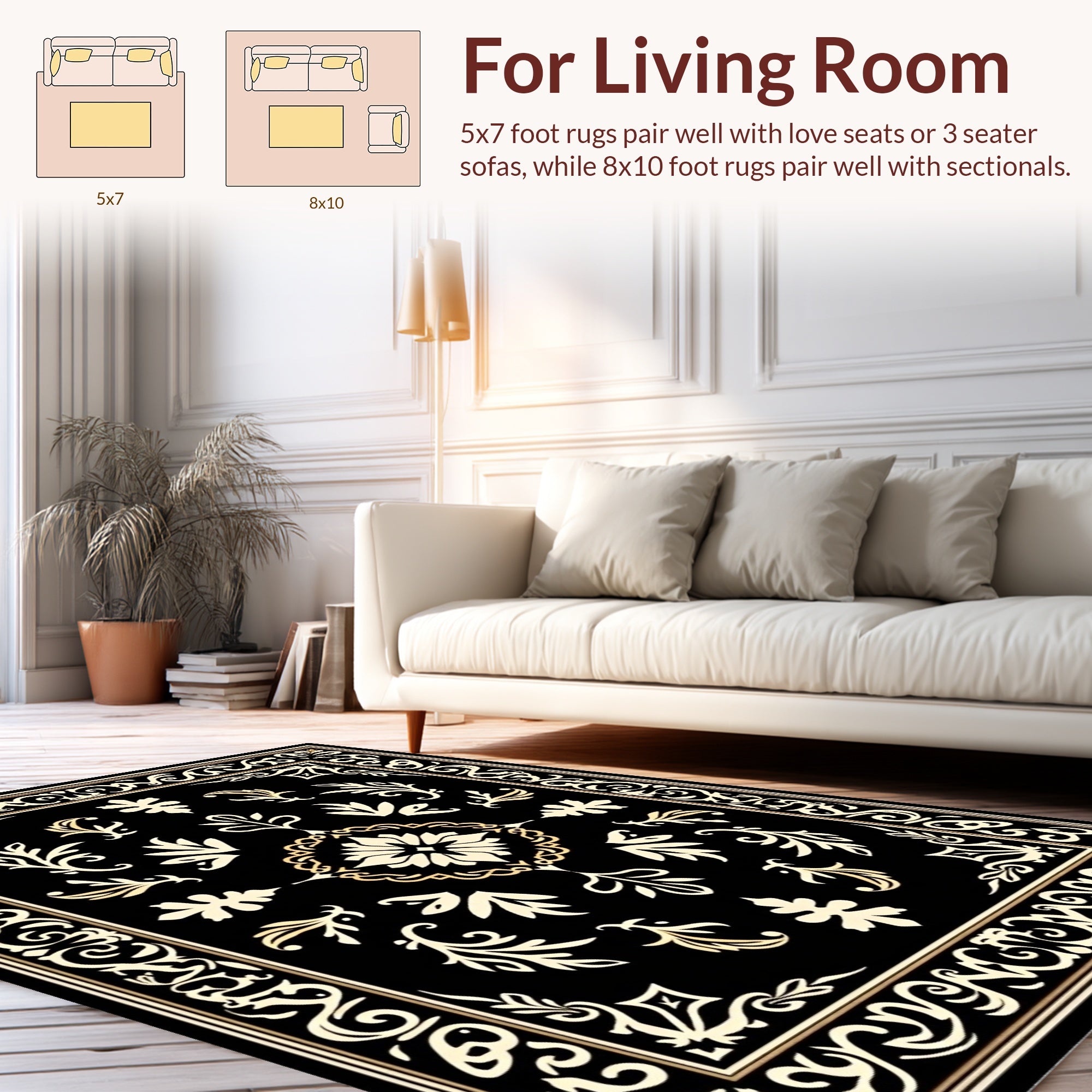 Ornate Black Cream Floral Pattern Rug