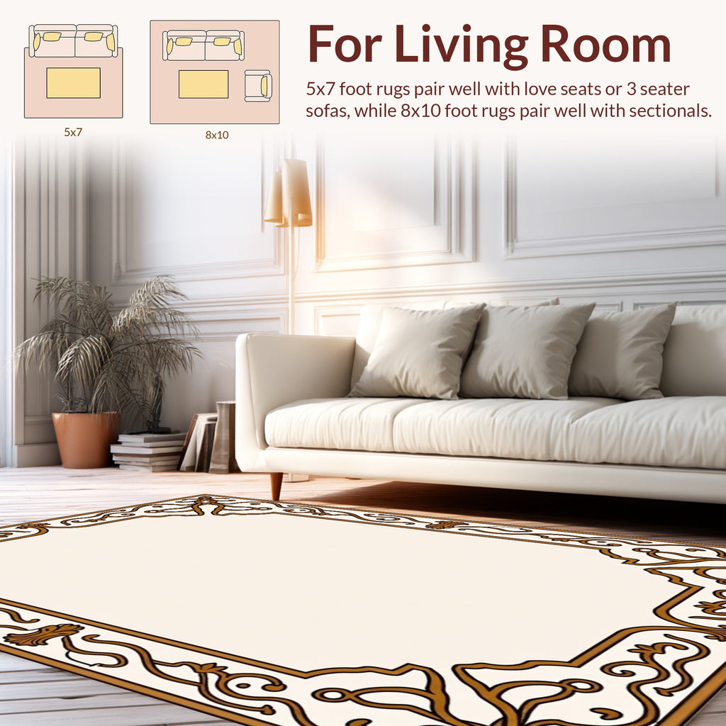 Elegant Swirling Leaf Scroll Border Rug