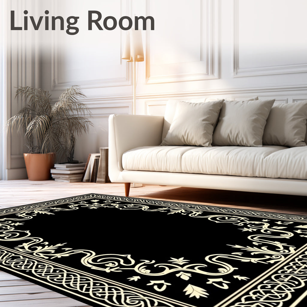 Elegant Black Ivory Scrollwork Border Rug