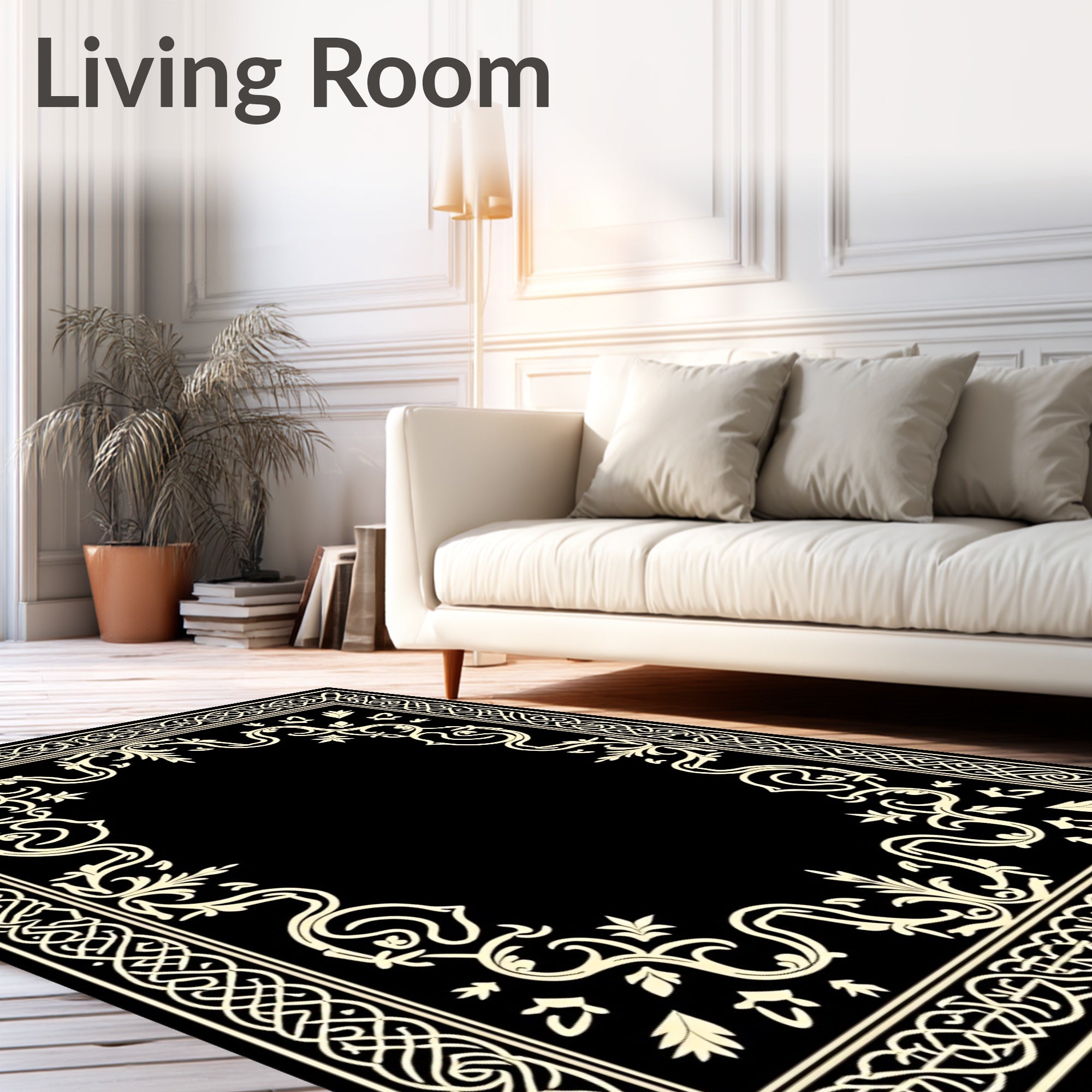 Elegant Black Ivory Scrollwork Border Rug