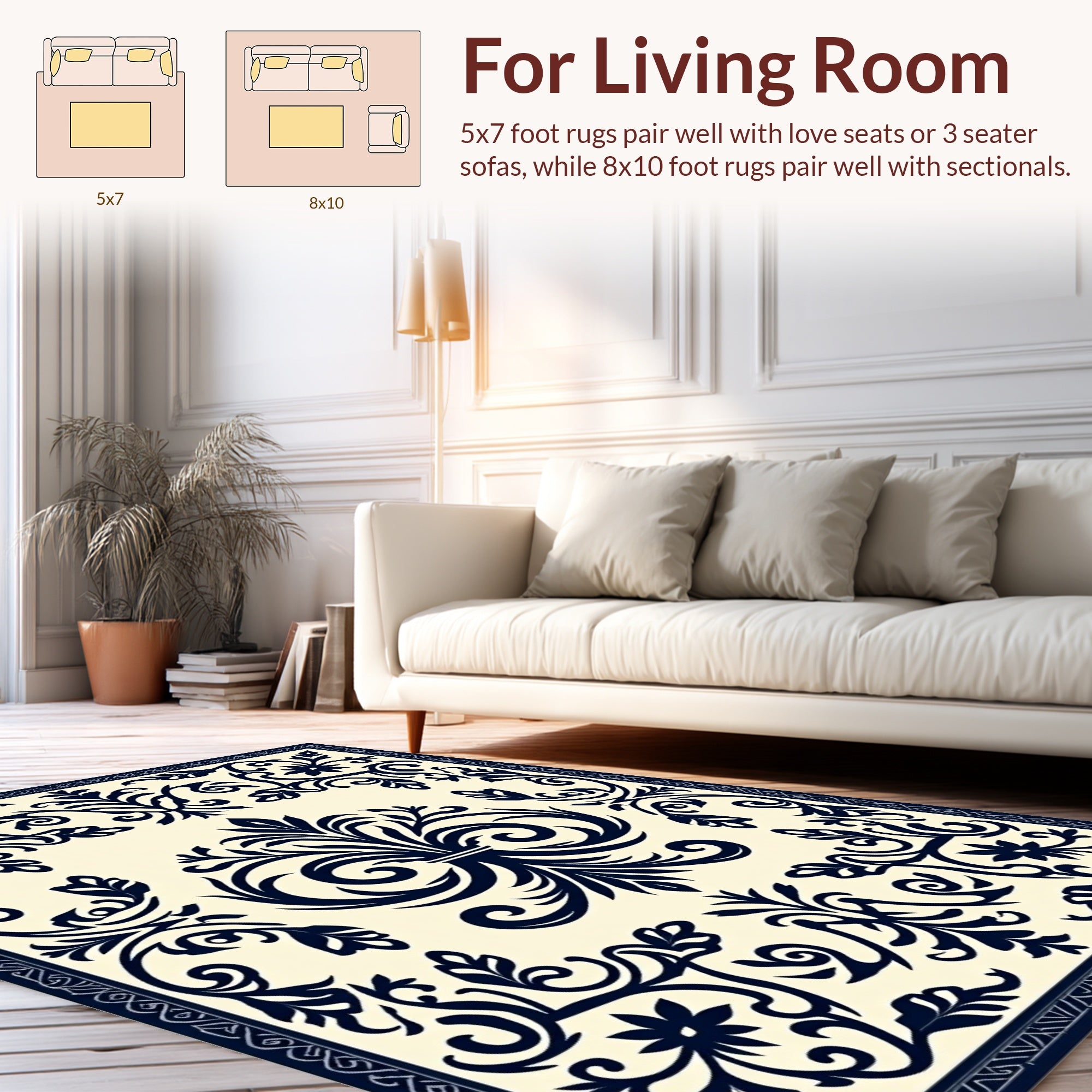 Classic Blue Floral Scrollwork Accent Rug
