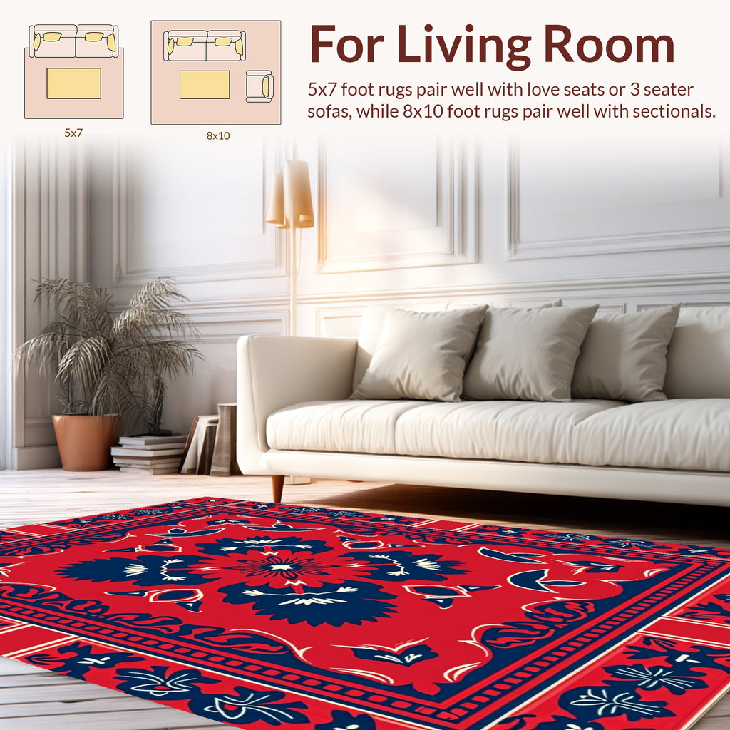 Bold Red Blue Floral Patterned Rug