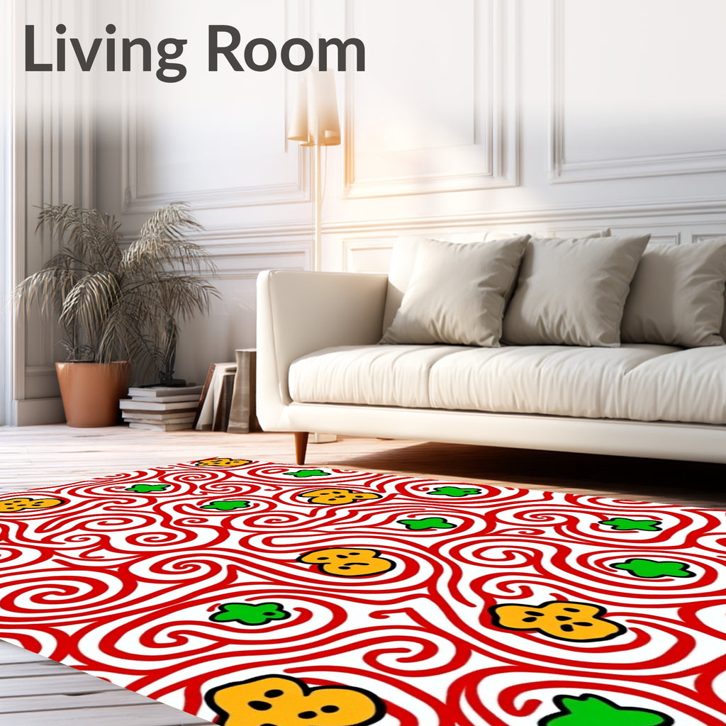 Whimsical Red Swirl Yellow Green Blossoms Rug