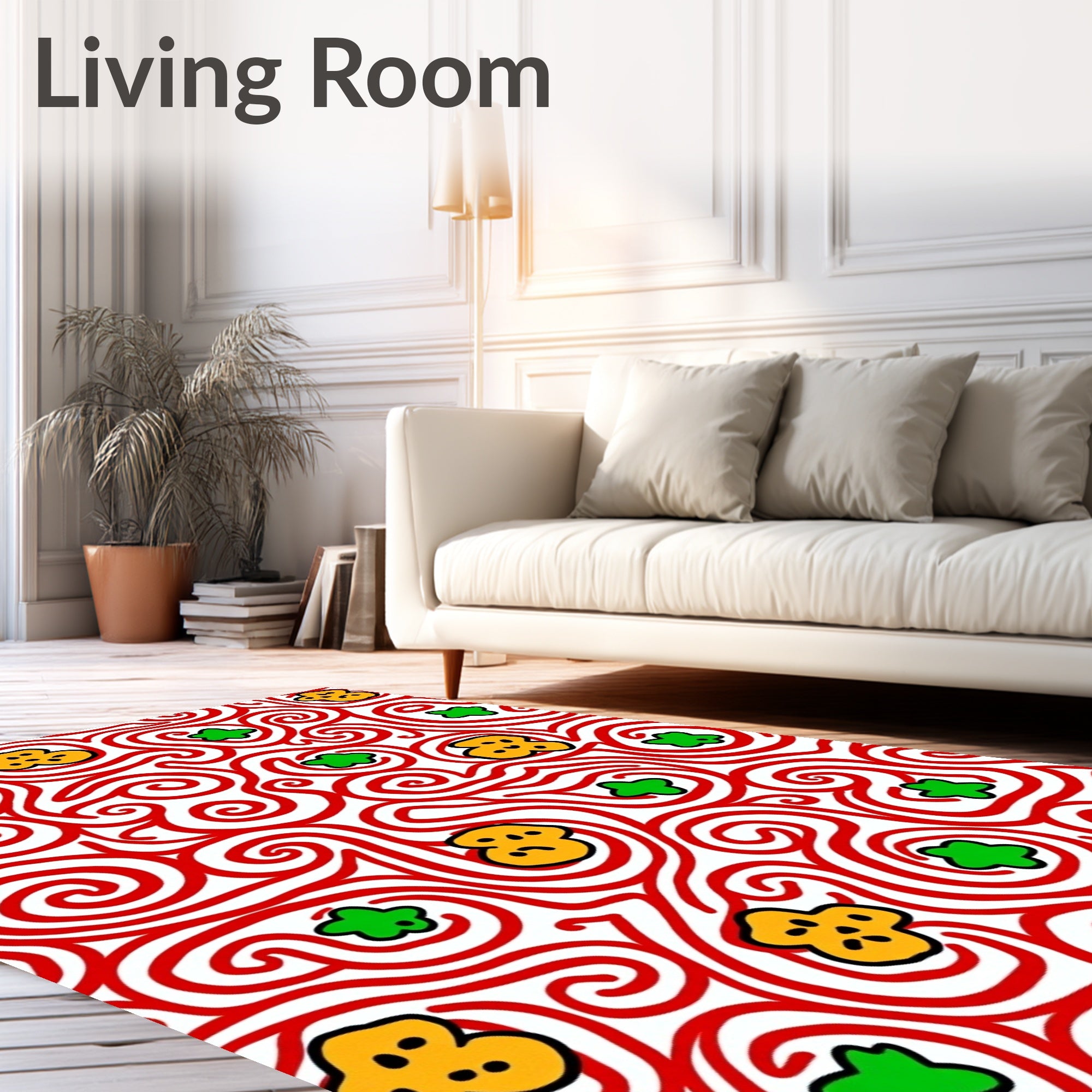 Whimsical Red Swirl Yellow Green Blossoms Rug