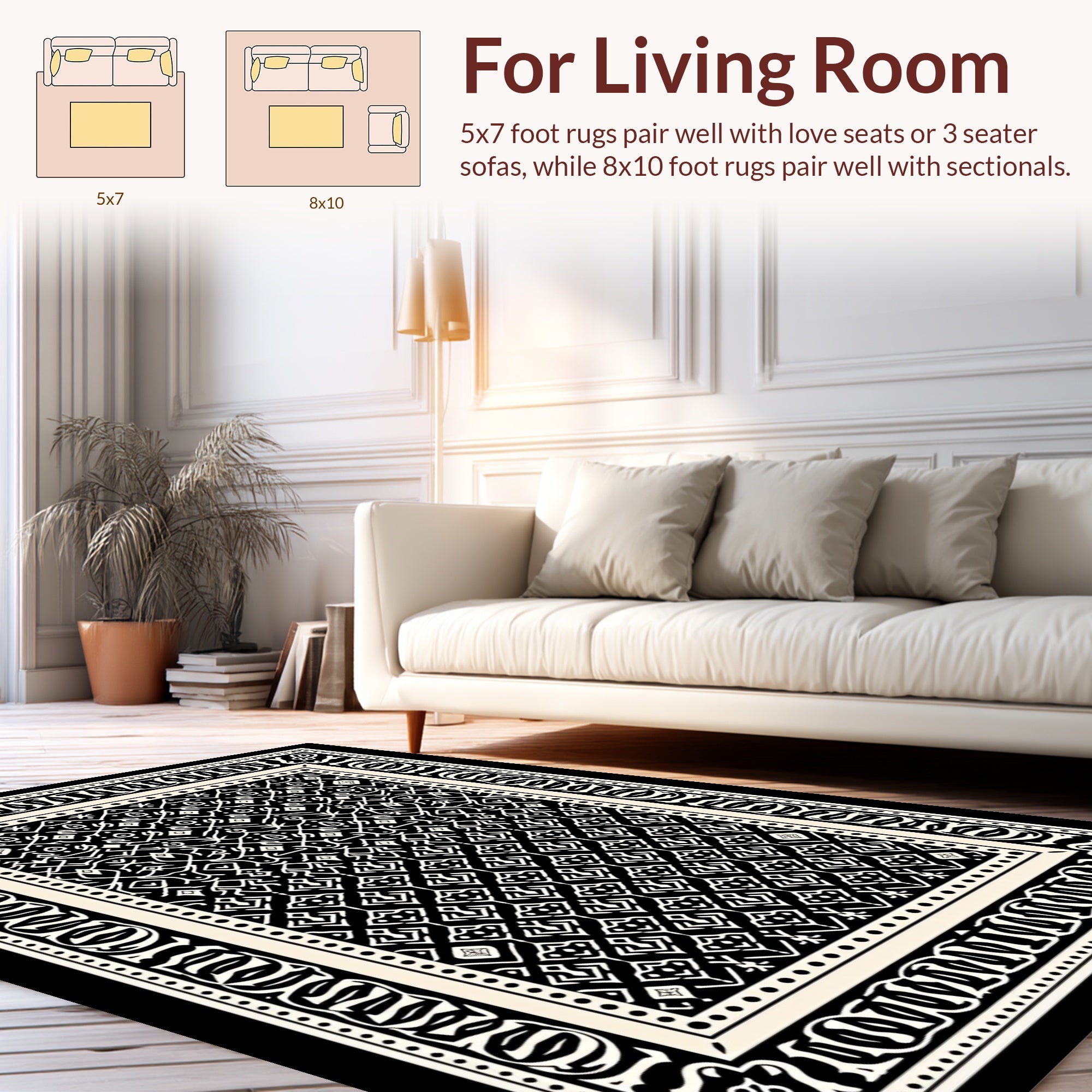 Intricate Black White Geometric Border Design Rug