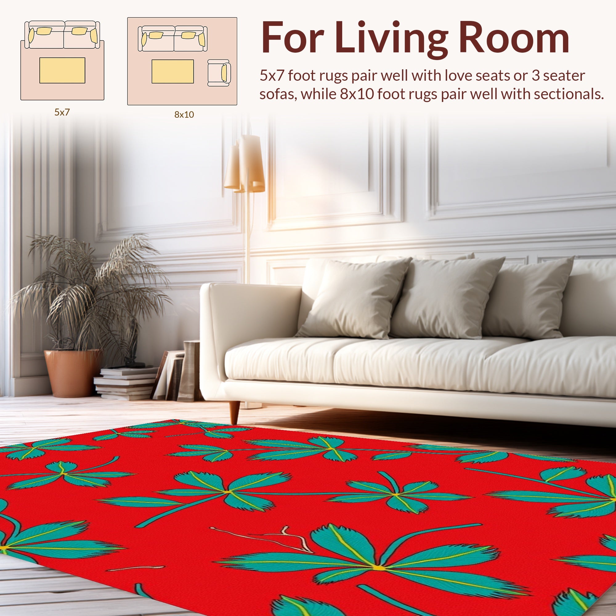 Vibrant Red and Teal Leaf Pattern Rug