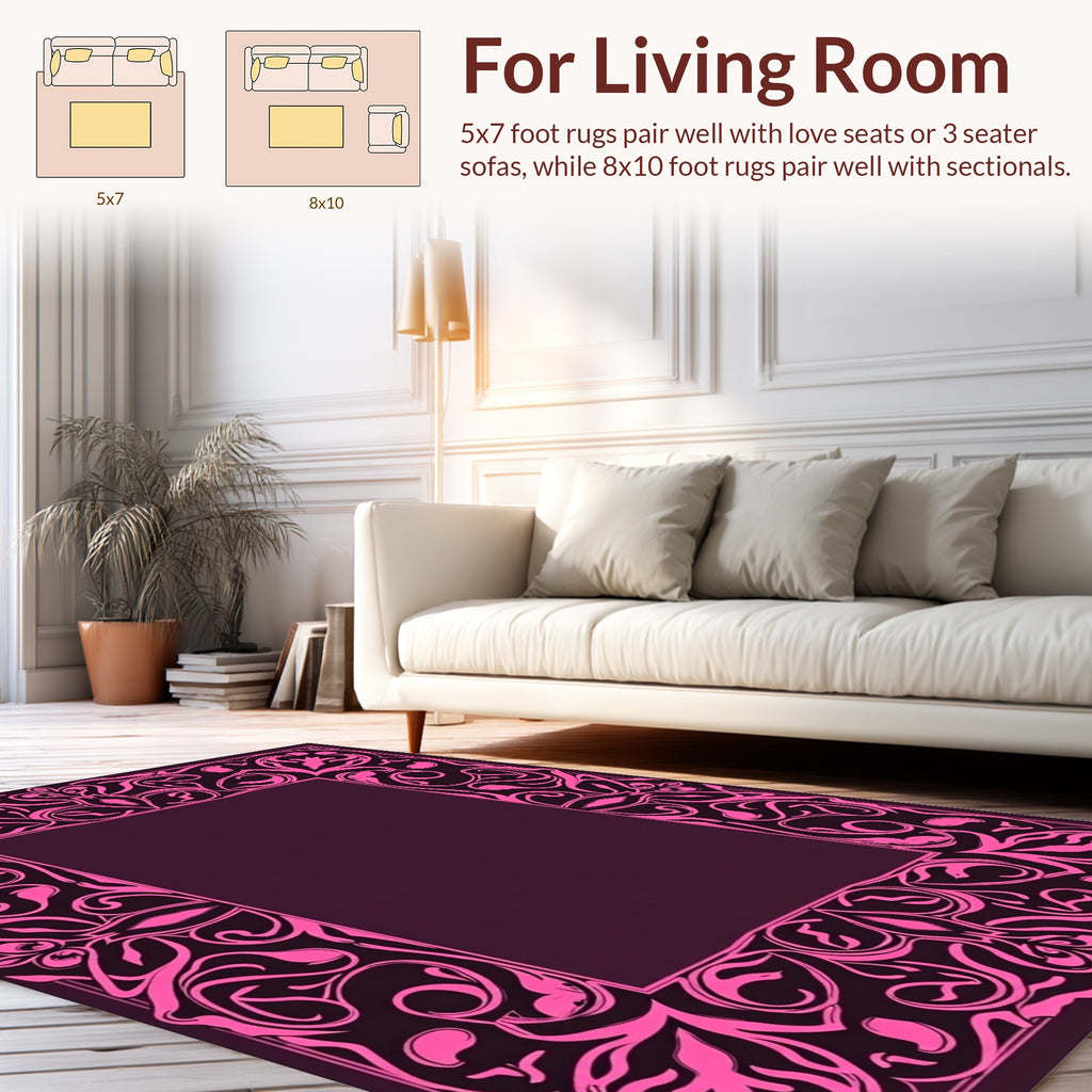 Ornate Pink Floral Scroll Border Design Rug