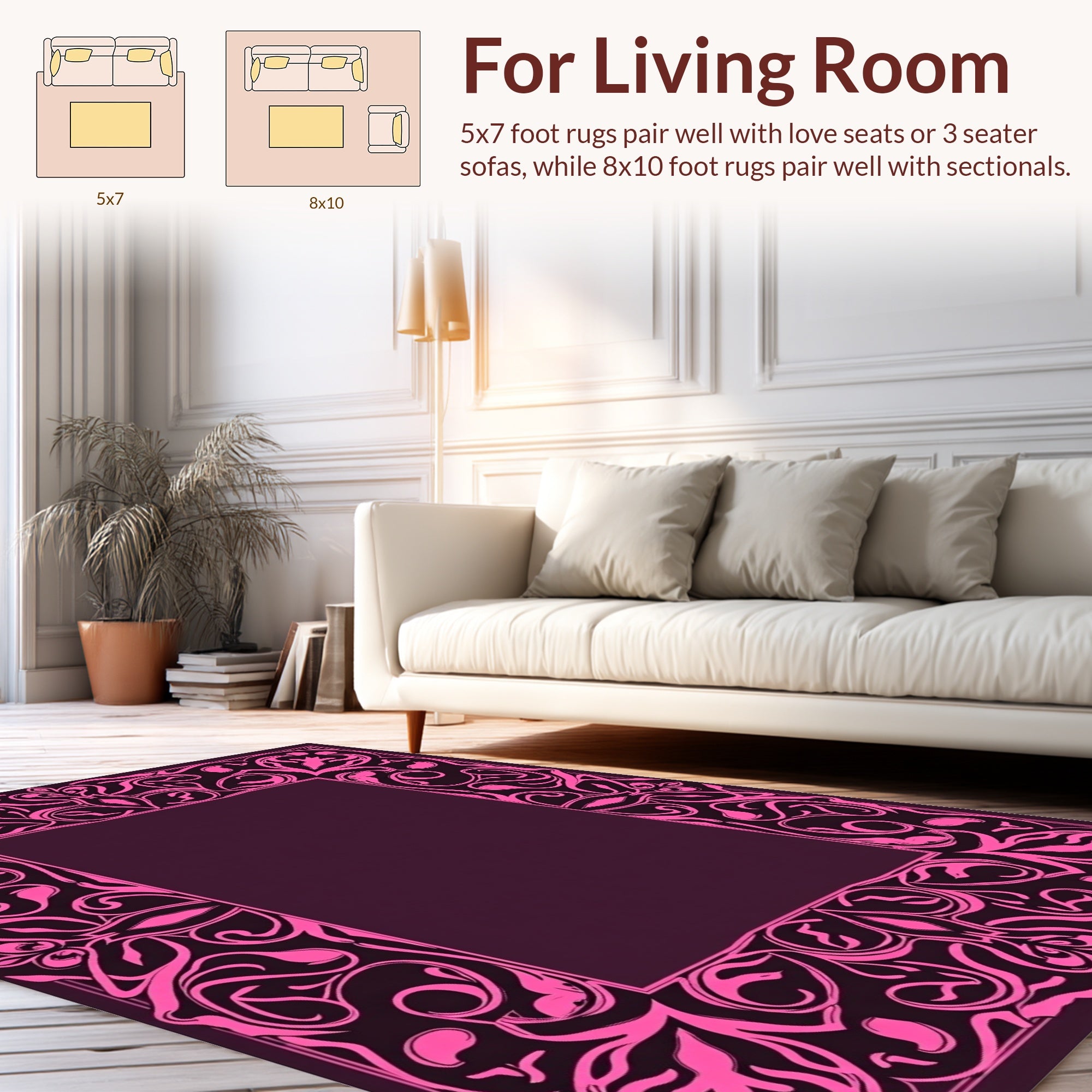 Ornate Pink Floral Scroll Border Design Rug