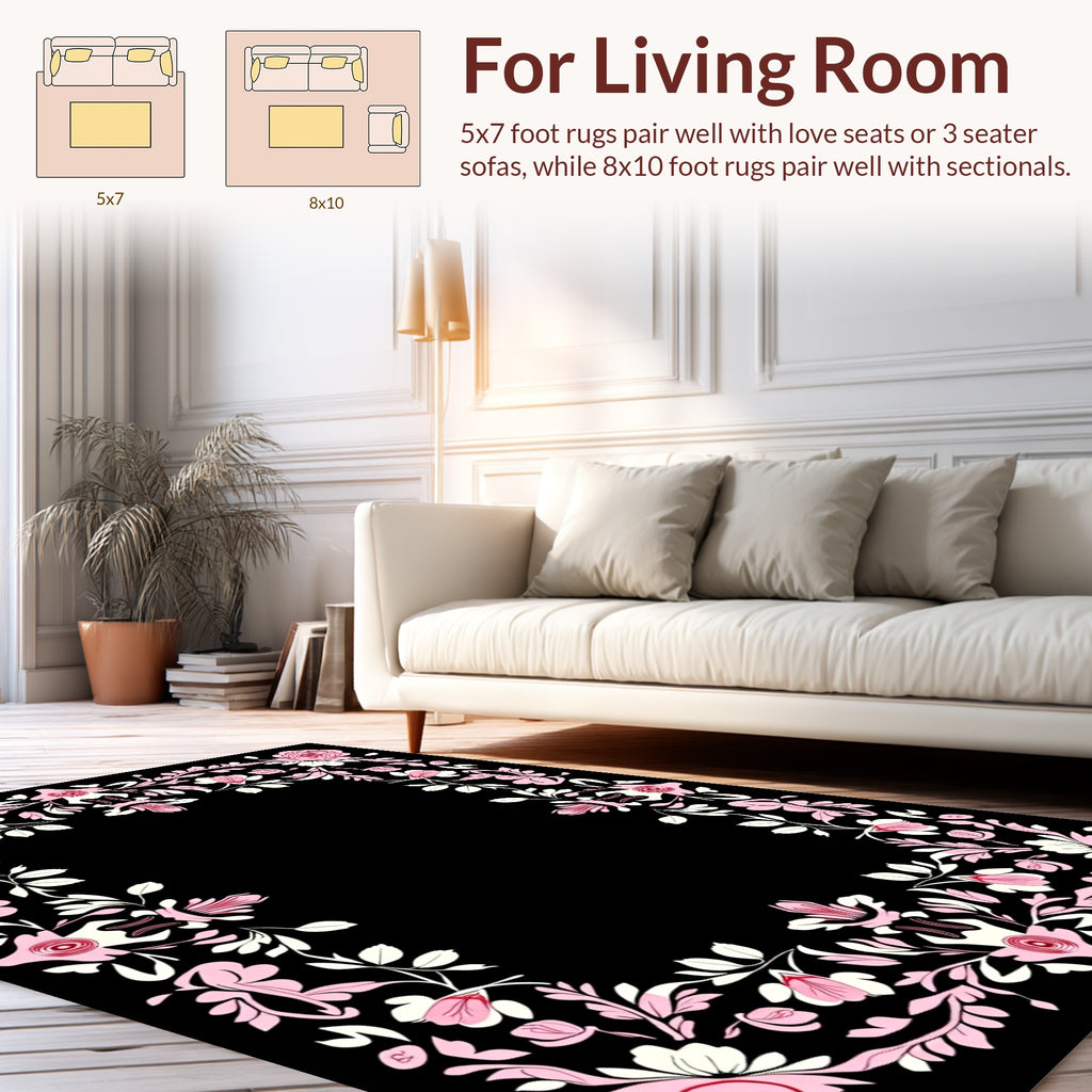 Pink Rose Floral Swirl Border Design Rug