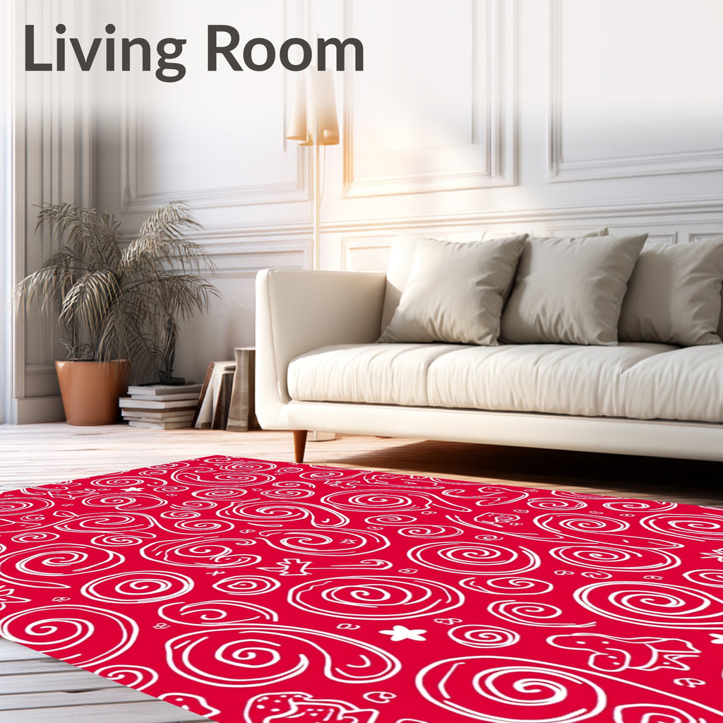 Whimsical Red Swirl Animal Sketch Rug