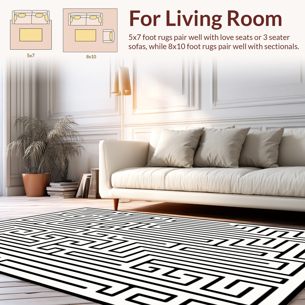 Black White Abstract Labyrinth Pattern Rug
