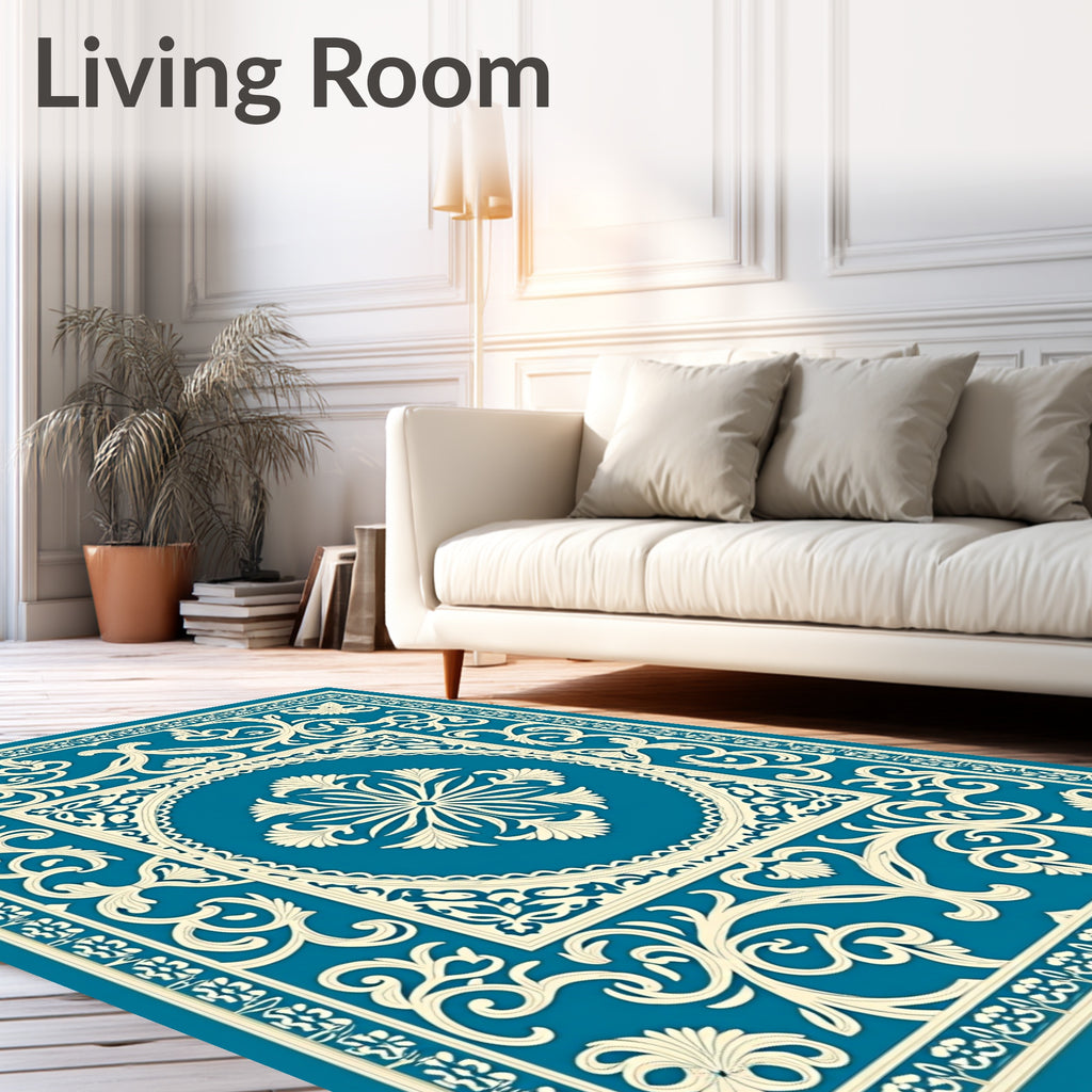 Teal Cream Scrollwork Floral Medallion Rug