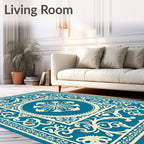 Teal Cream Scrollwork Floral Medallion Rug