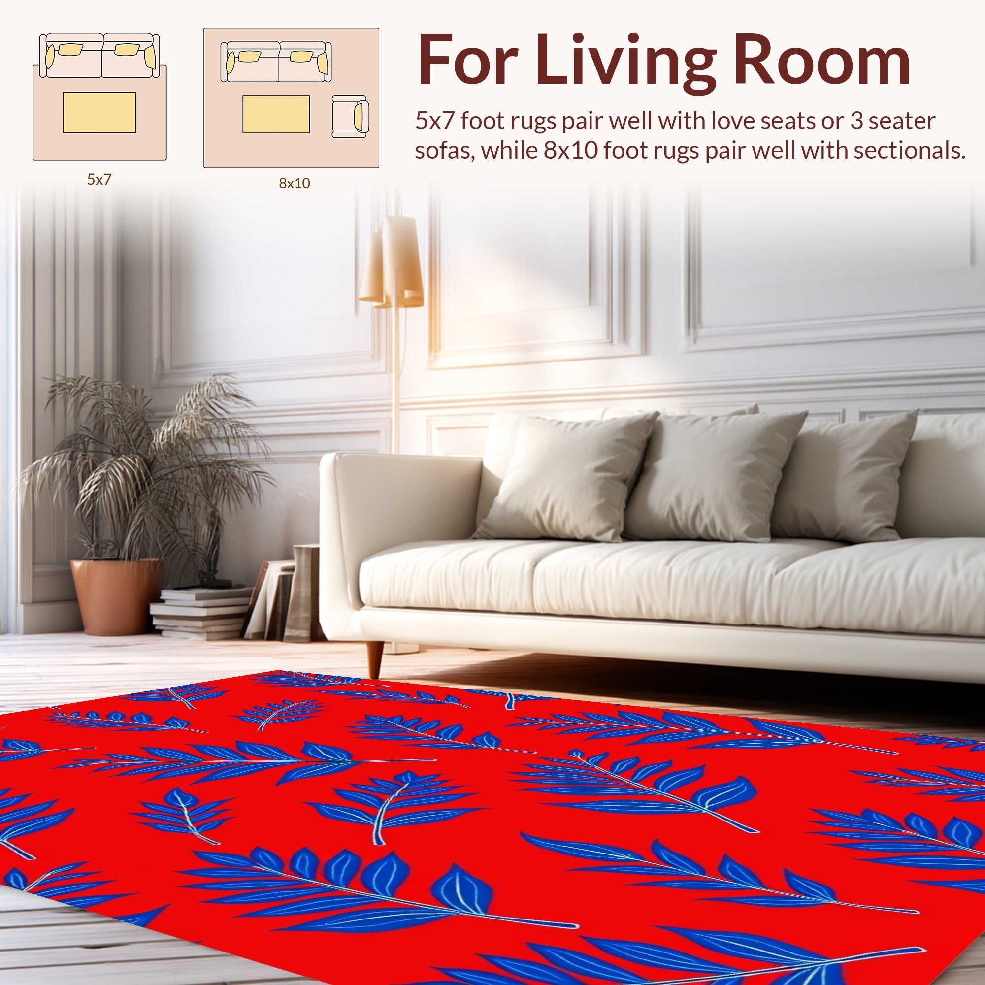Vibrant Blue Leaf Pattern Rug