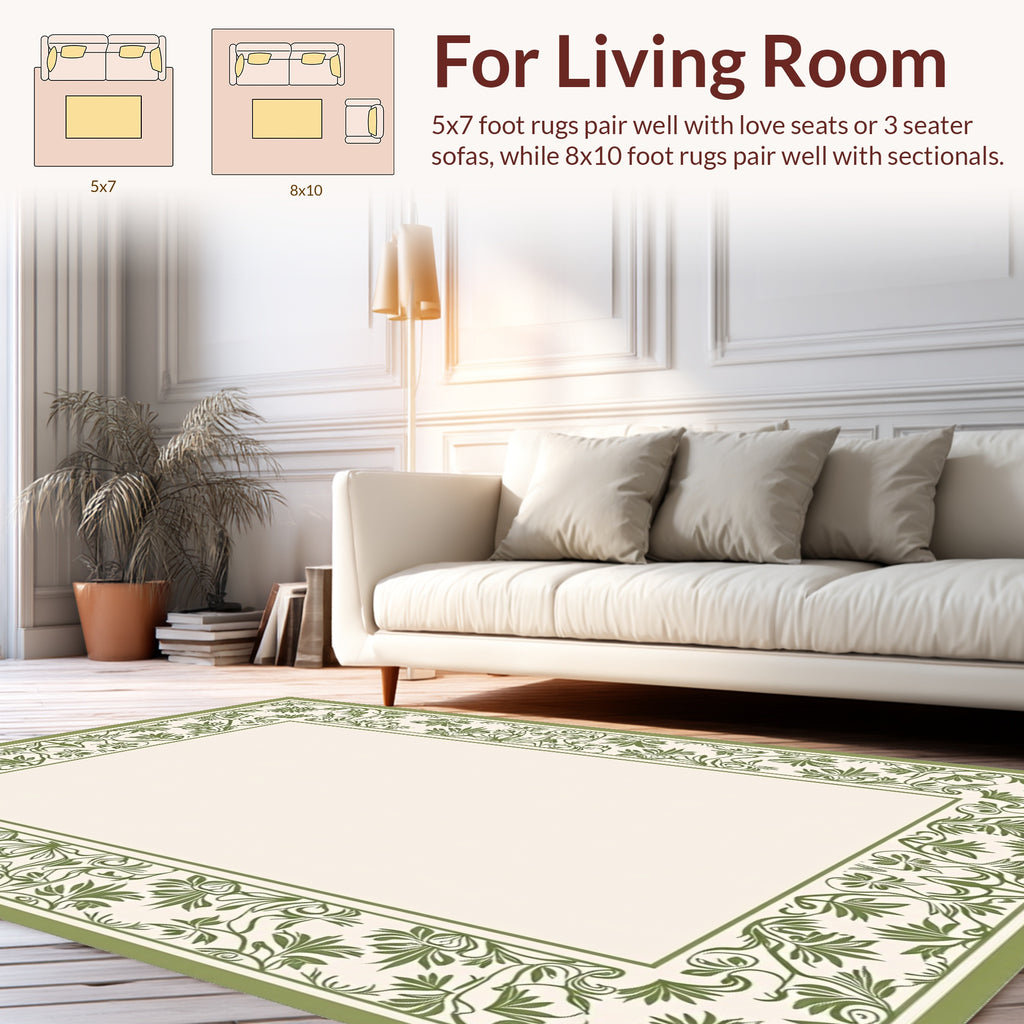 Green Floral Scrollwork Border Pattern Rug