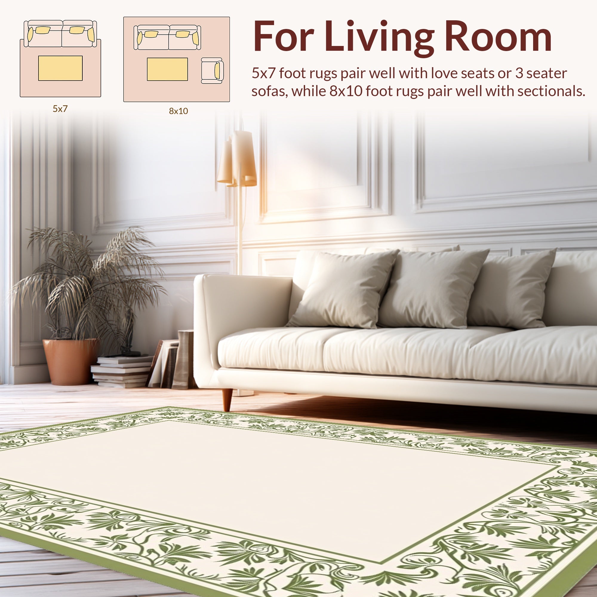 Green Floral Scrollwork Border Pattern Rug