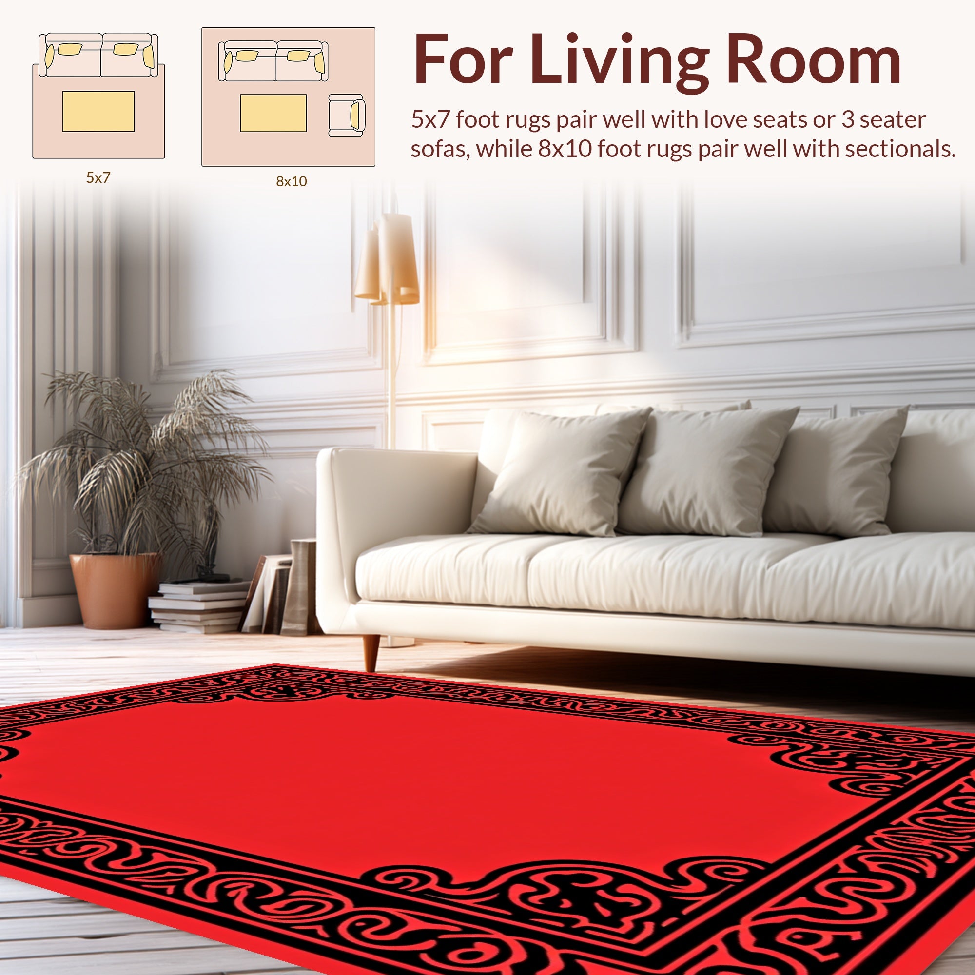 Black Red Ornate Scroll Border Design Rug