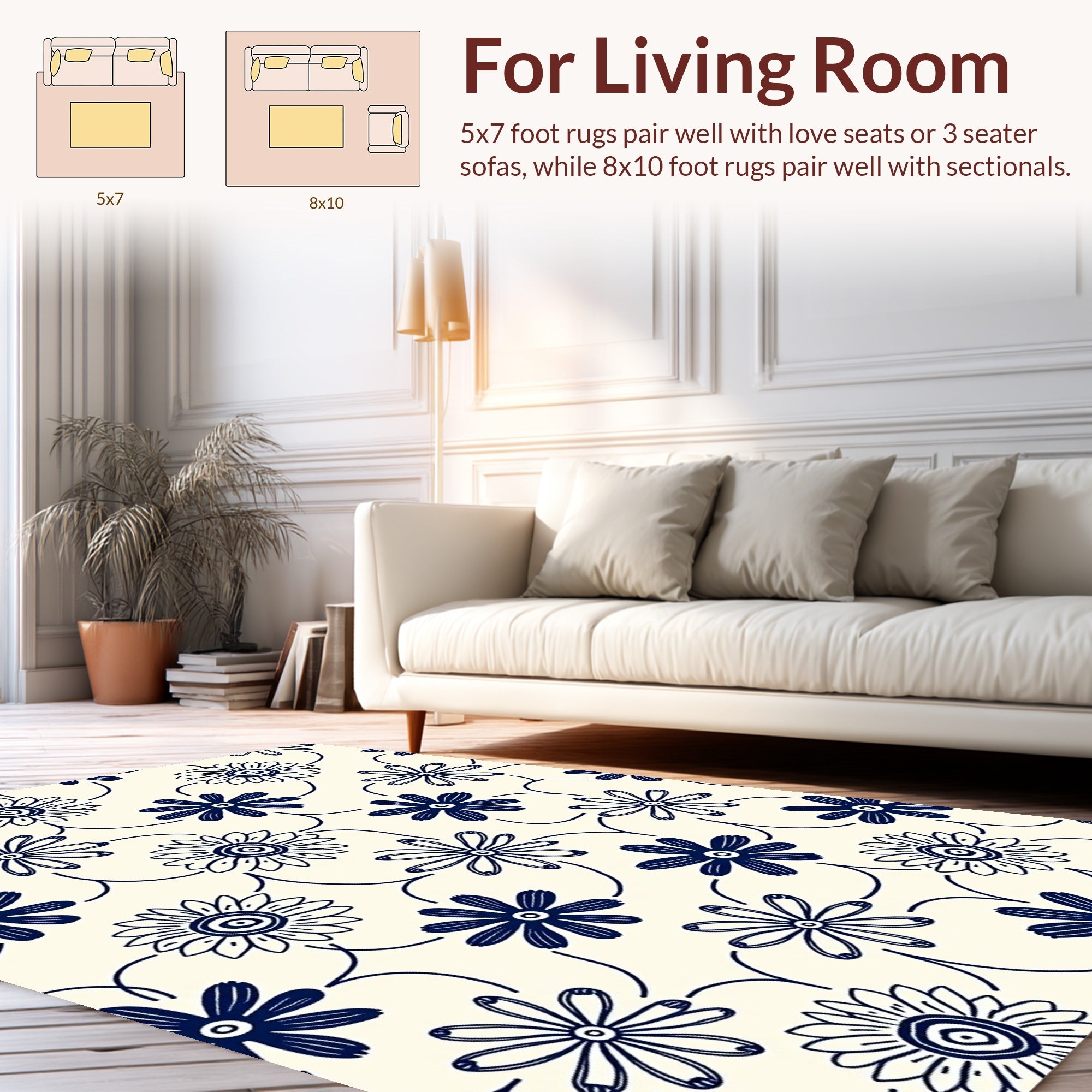 Dark Blue Floral Outline Pattern Rug