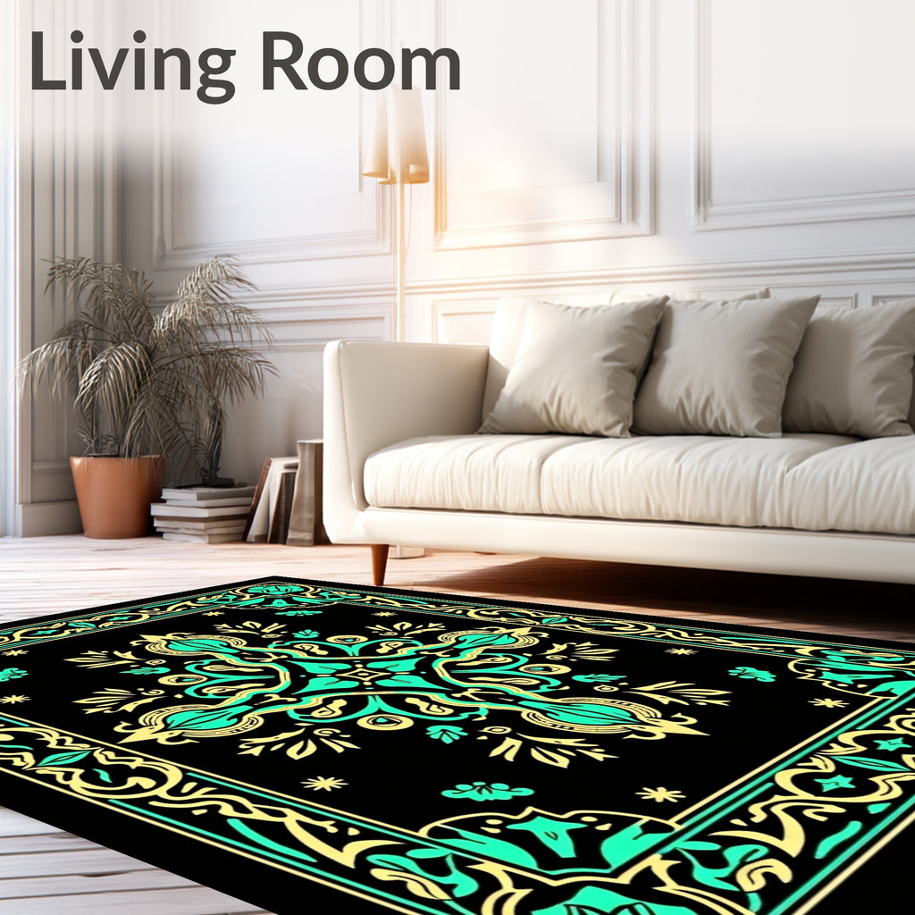 Black Teal Gold Baroque Medallion Rug