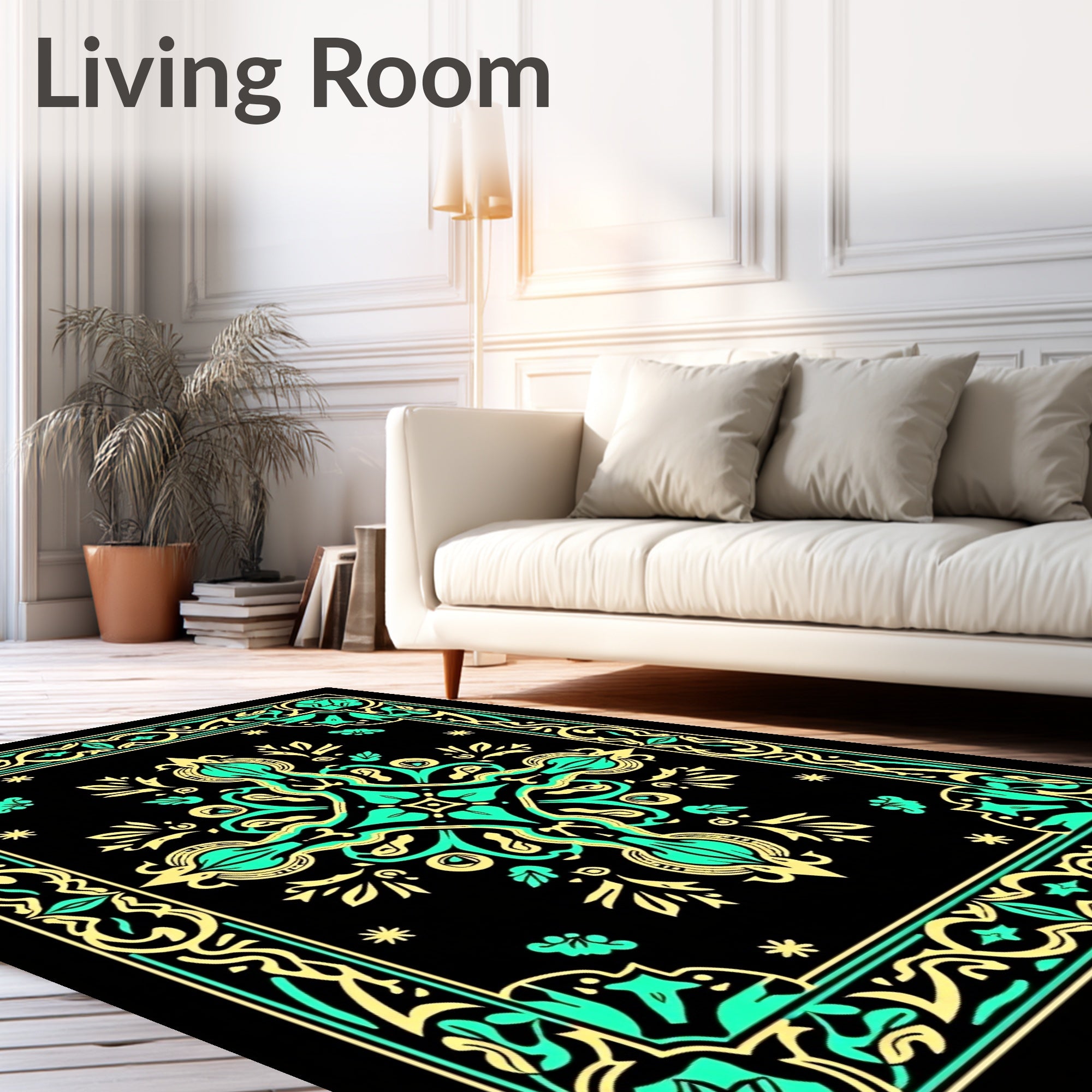 Black Teal Gold Baroque Medallion Rug