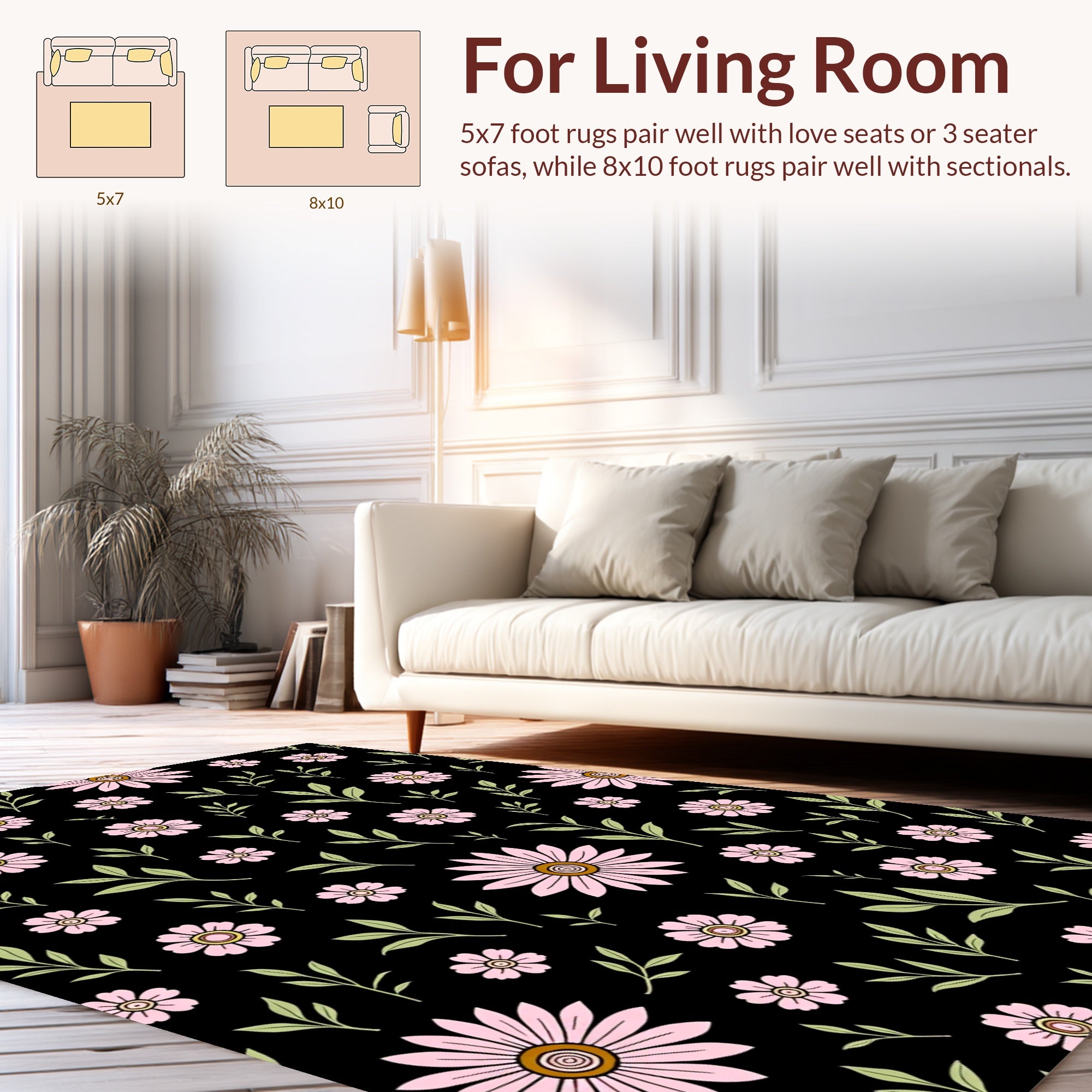 Pink Daisies On Black Background Rug