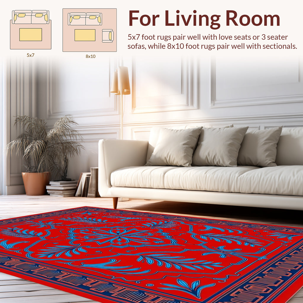 Vibrant Red Blue Floral Medallion Pattern Rug