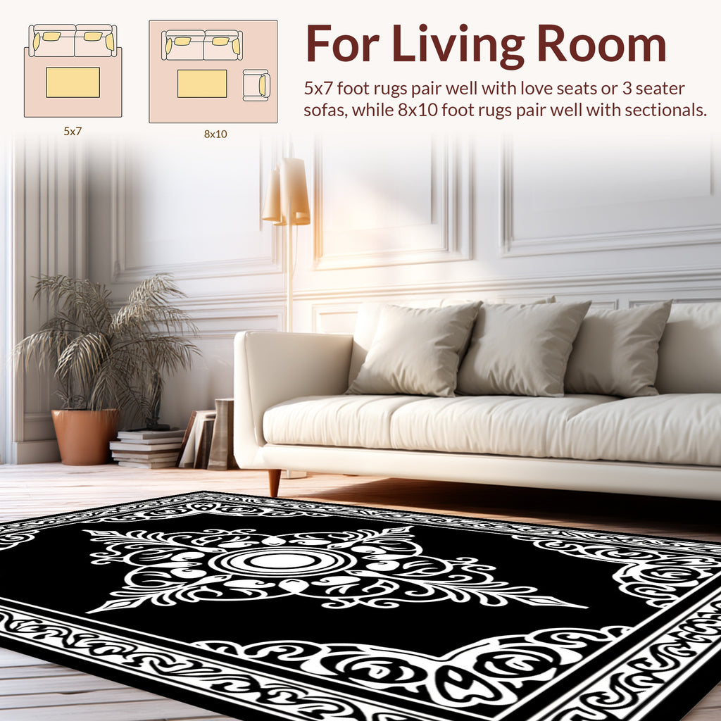 Ornate Black White Mandala Design Rug