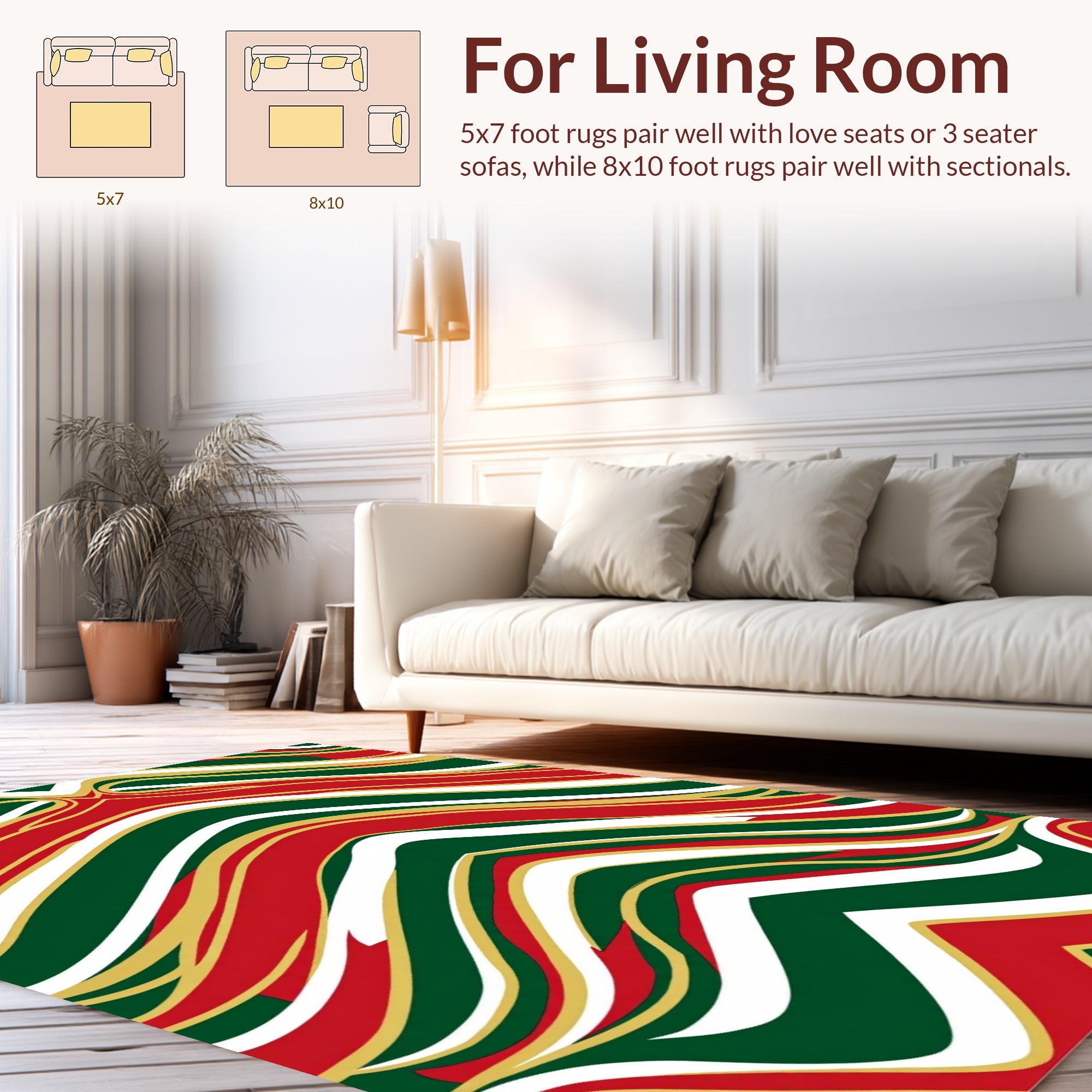 Bold Red Green Gold Wavy Stripe Design Rug