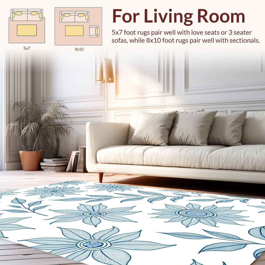 Blue Floral Linework Decorative Pattern Rug