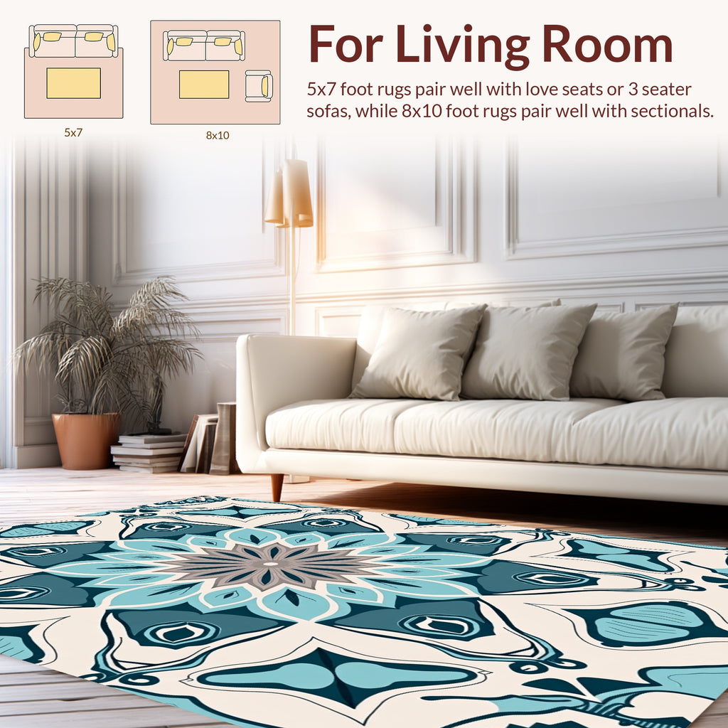 Marine Blue Geometric Flower Pattern Rug