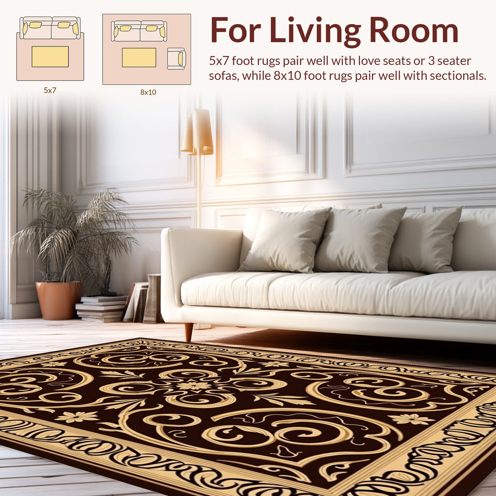Intricate Floral Scrollwork Brown Rug