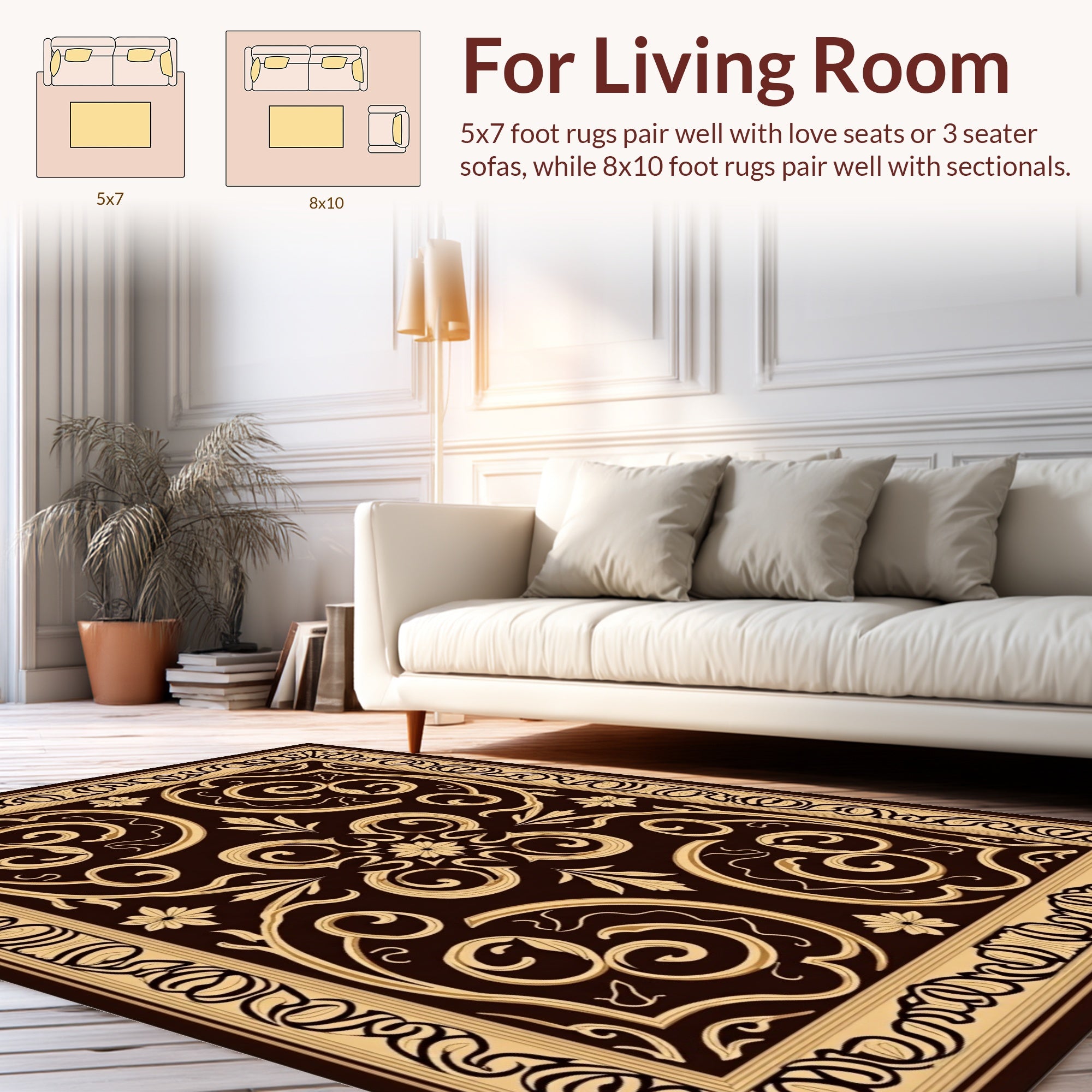 Intricate Floral Scrollwork Brown Rug