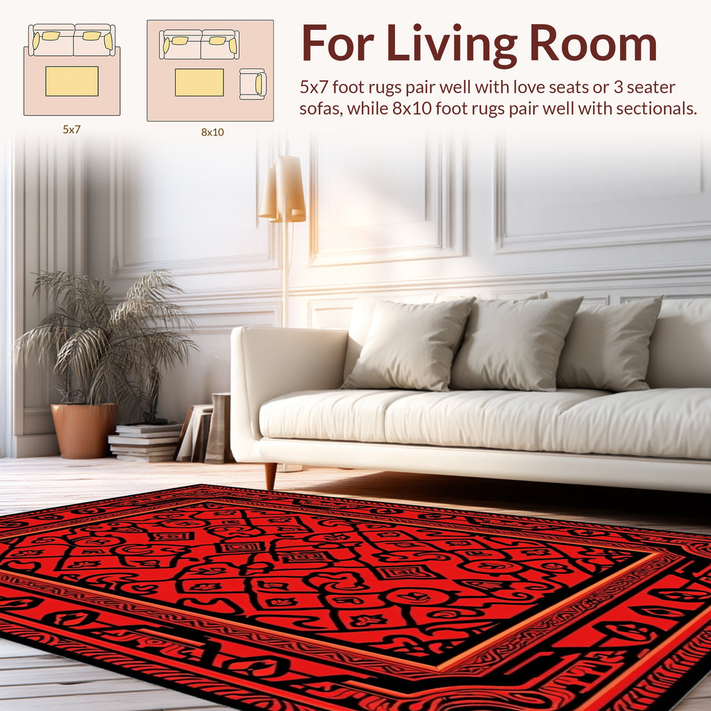 Traditional Red Black Intricate Pattern Rug