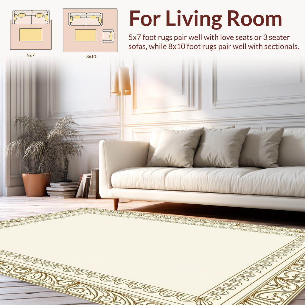 Ornate Golden Leaf Scroll Border Rug