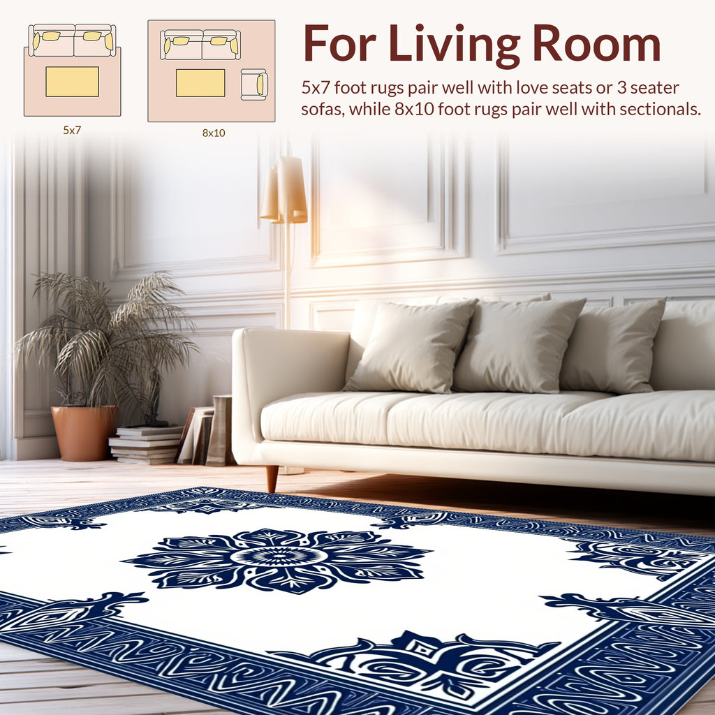Navy Blue Floral Mandala Pattern Rug