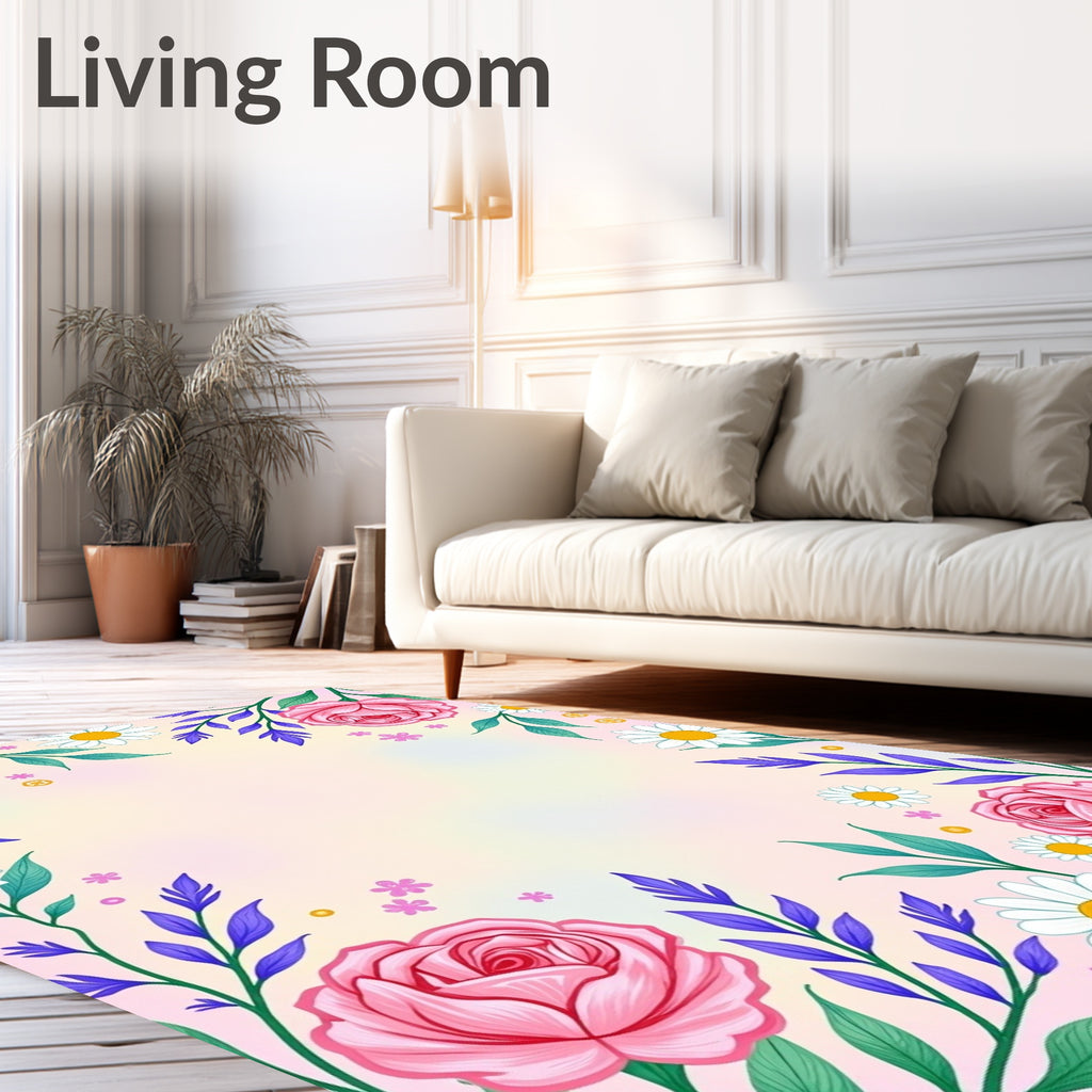 Lovely Pink Rose Daisy Floral Design Rug