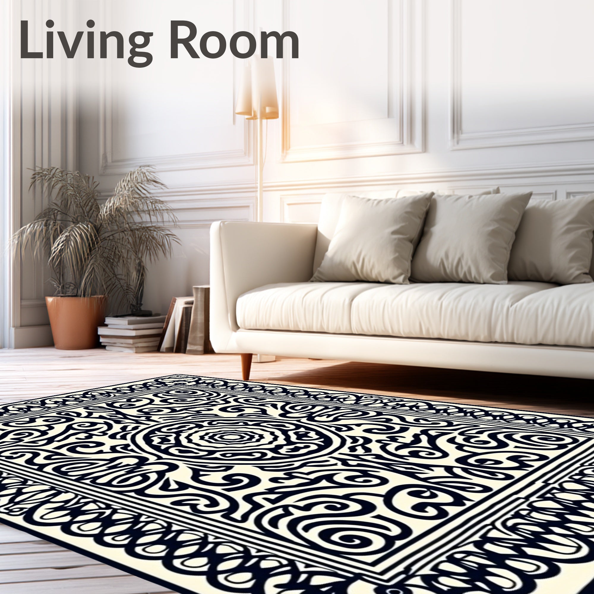 Black Ivory Ornamental Medallion Border Rug