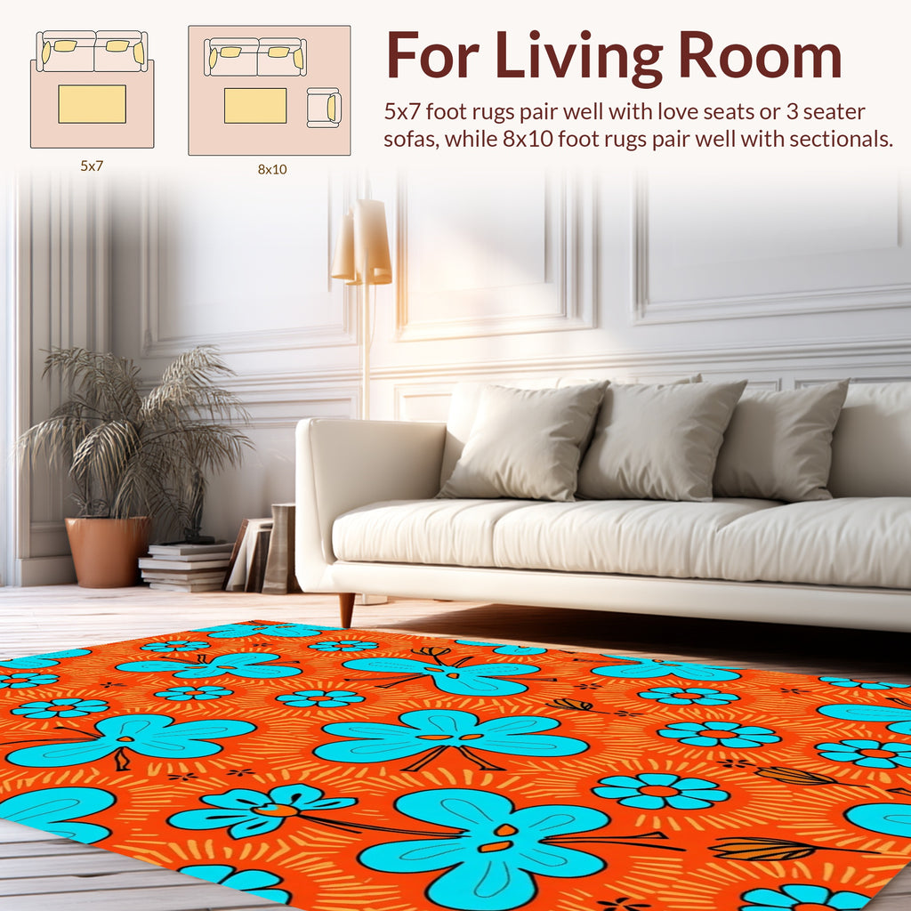 Vibrant Orange Sky Blue Floral Pattern Rug
