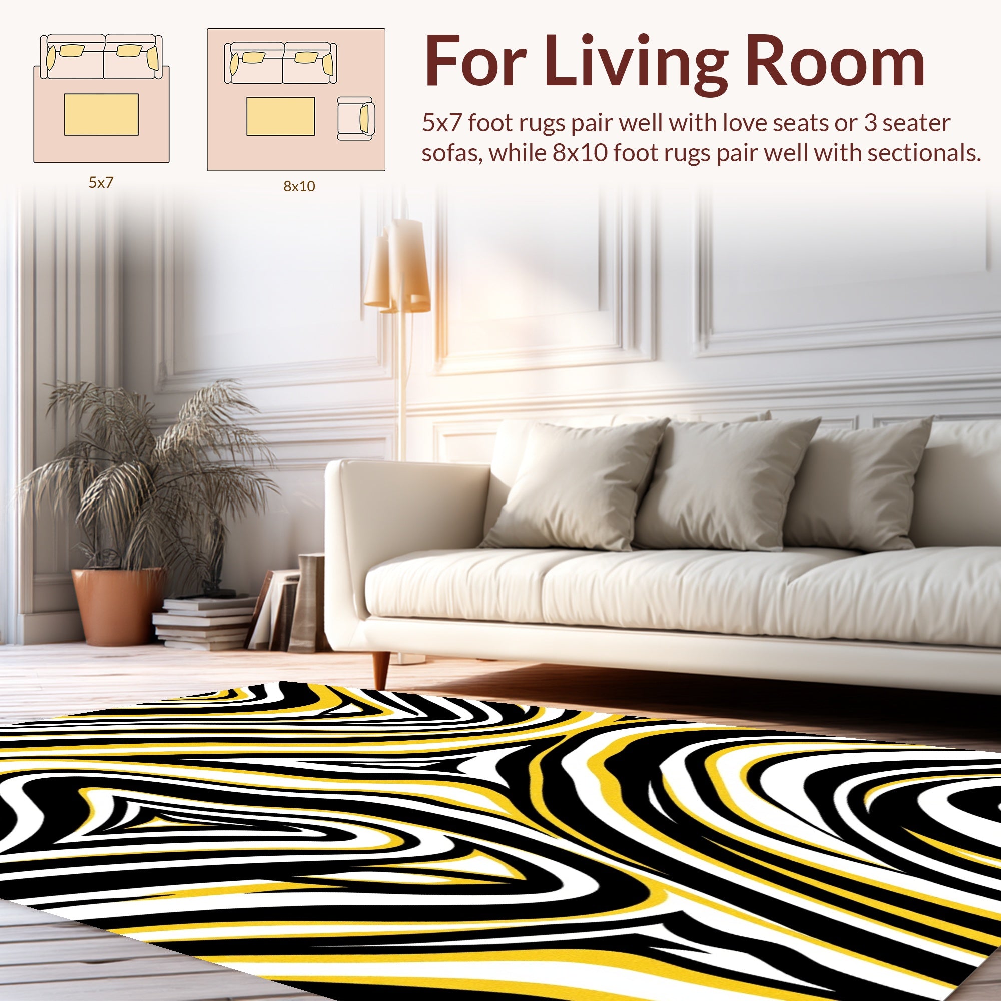 Bold Yellow Black White Swirl Rug