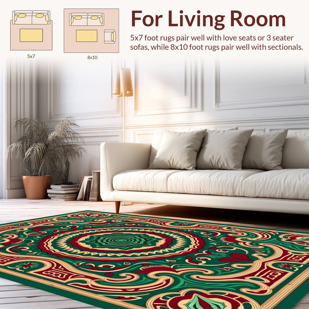 Ornate Red Green Golden Mandala Pattern Rug
