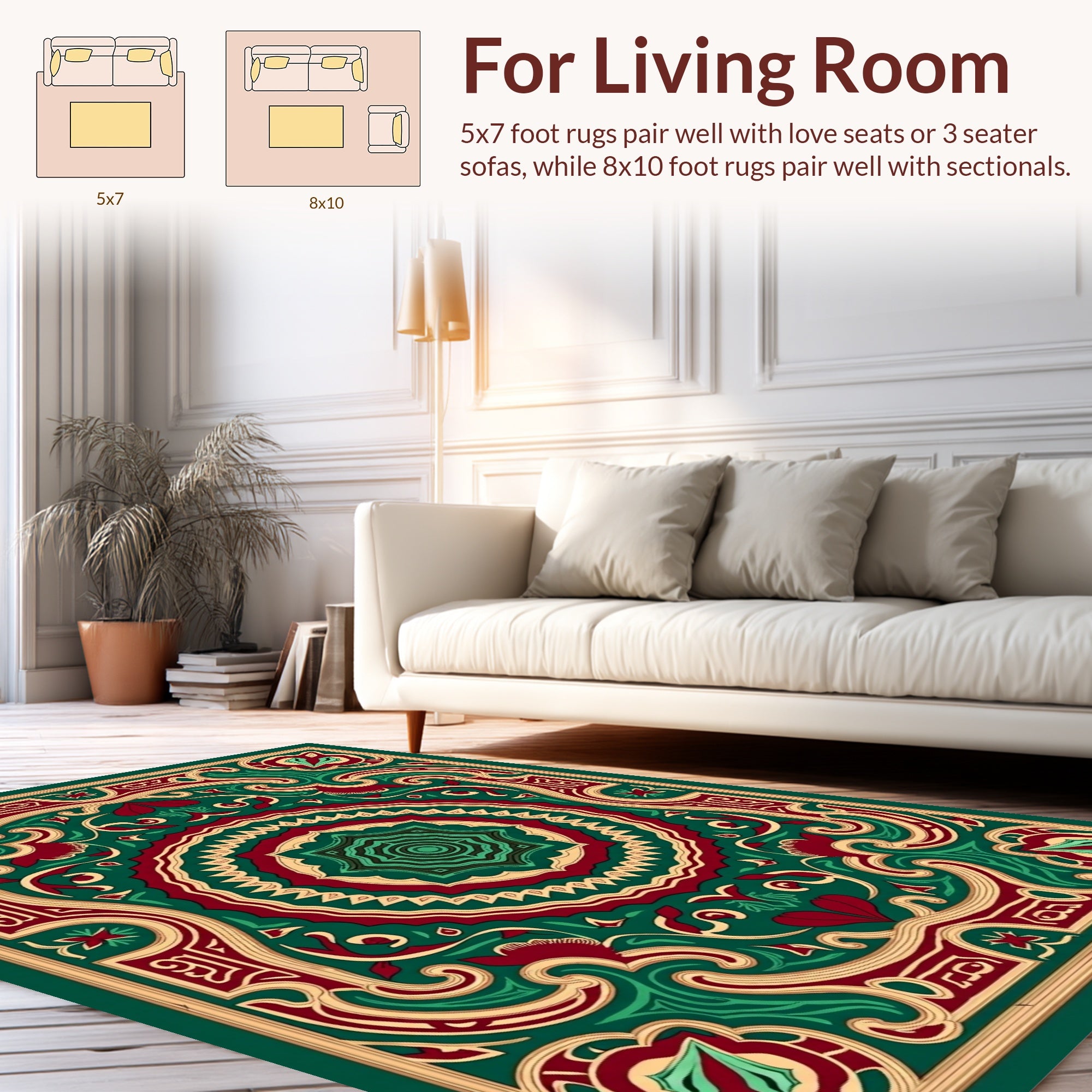 Ornate Red Green Golden Mandala Pattern Rug