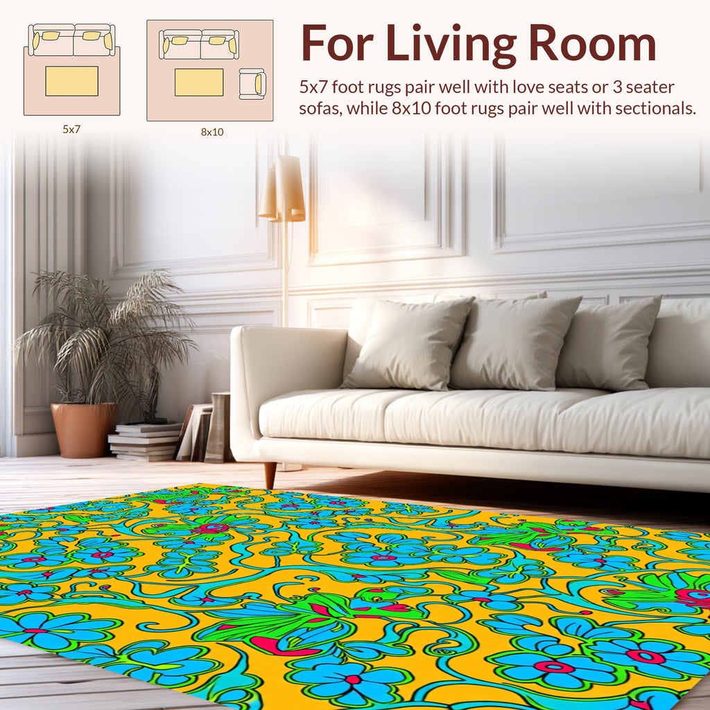 Groovy Blue Floral Swirl Design Rug