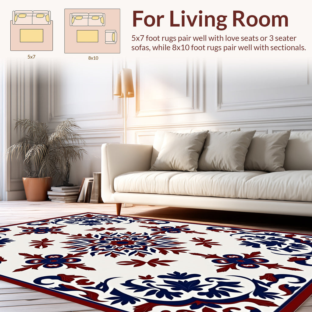 Red Blue Floral Symmetry Pattern Rug