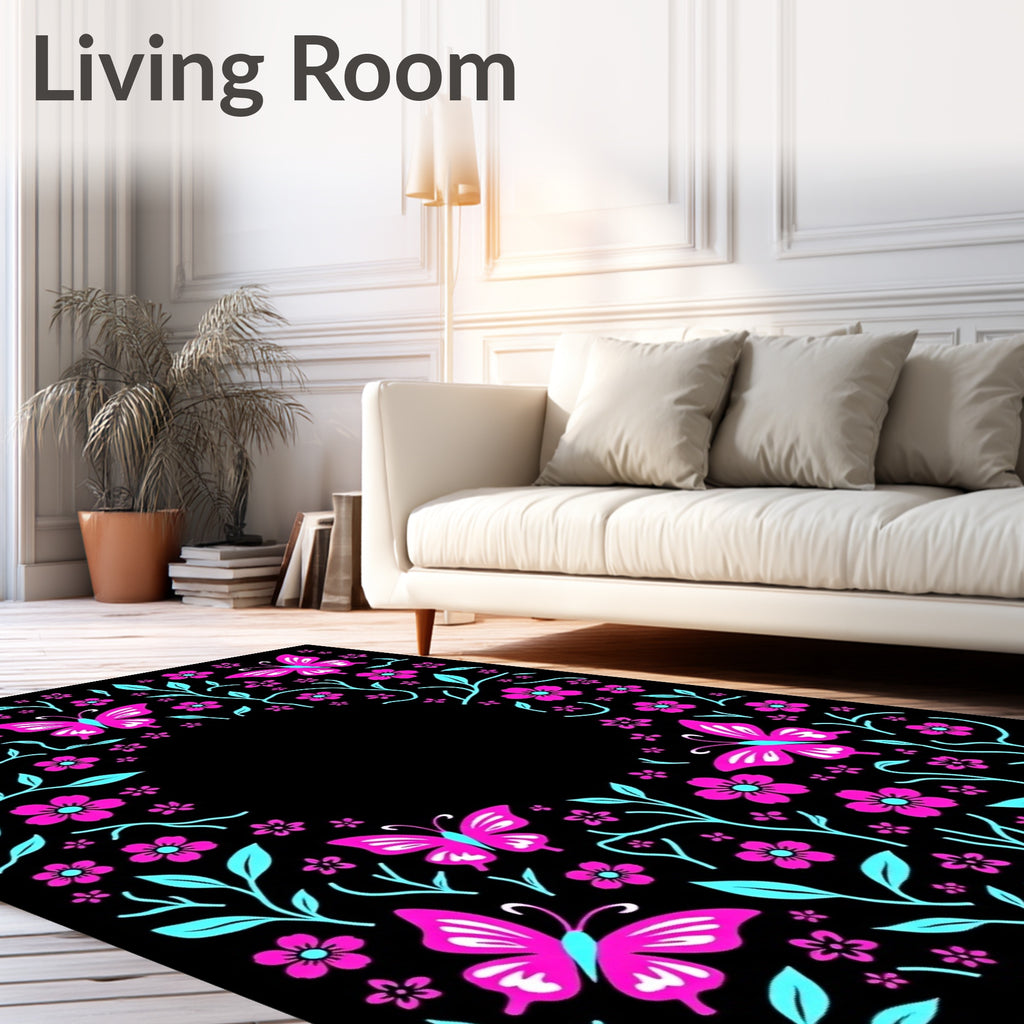Pink Butterfly Aqua Floral Garden Rug
