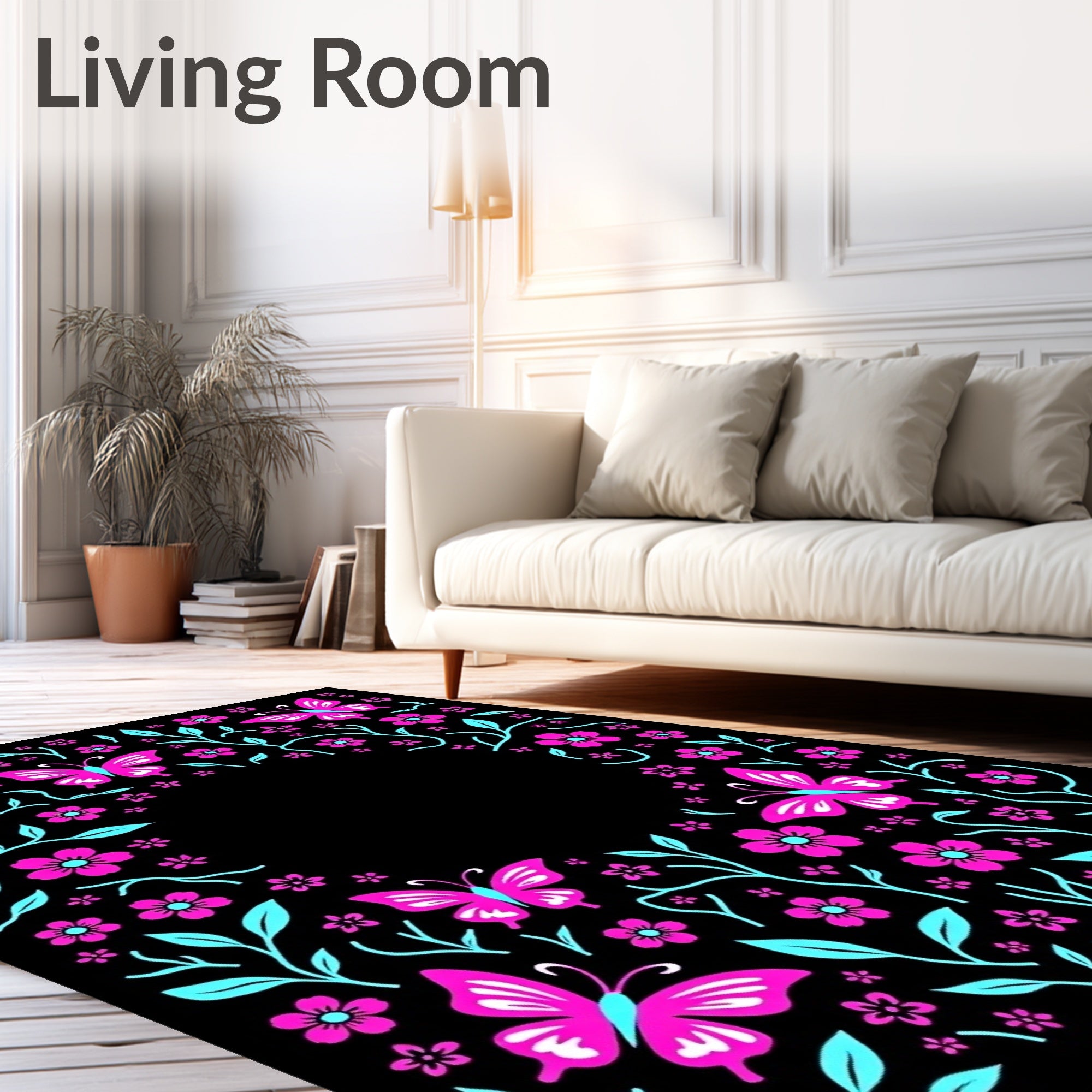 Pink Butterfly Aqua Floral Garden Rug