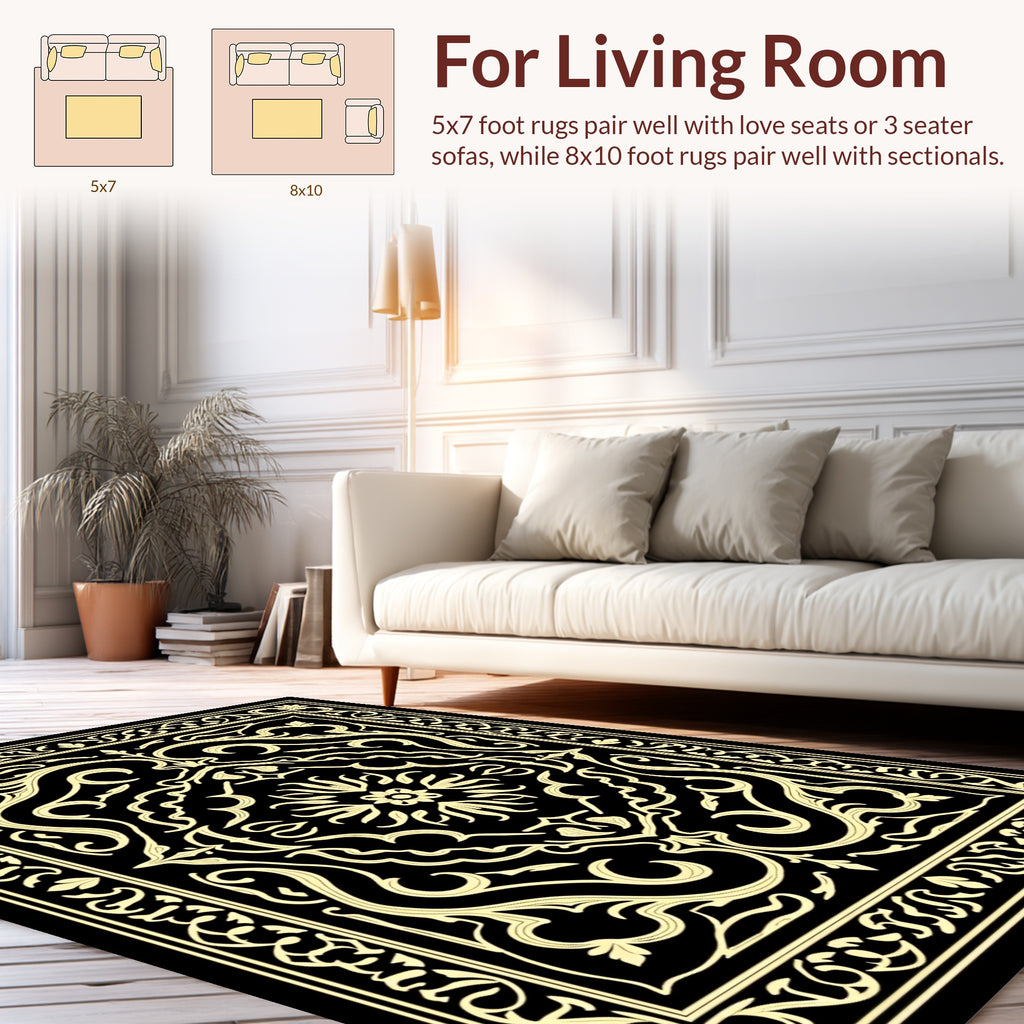 Elegant Black Beige Floral Pattern Rug