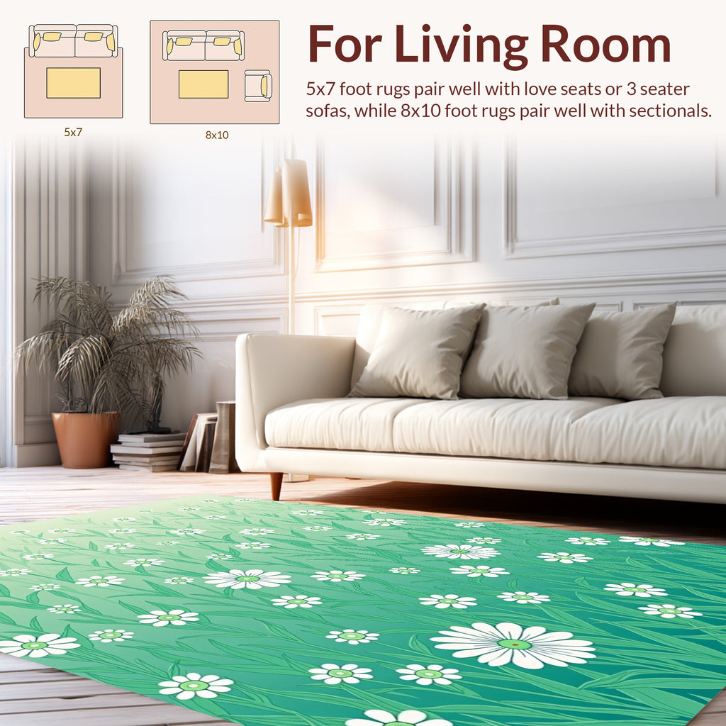 White Daisy Green Grass Meadow Design Rug