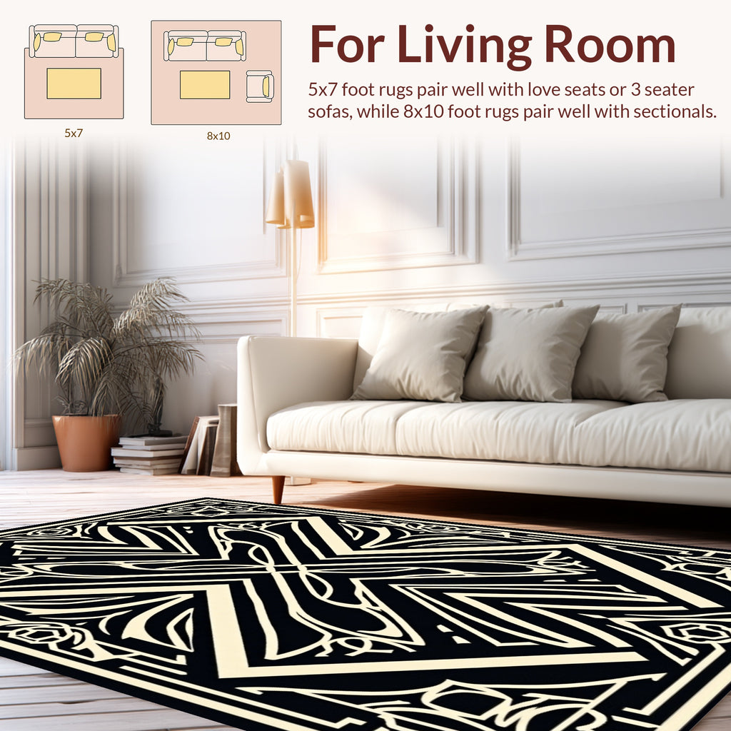 Art Deco Black Cream Geometric Floral Rug