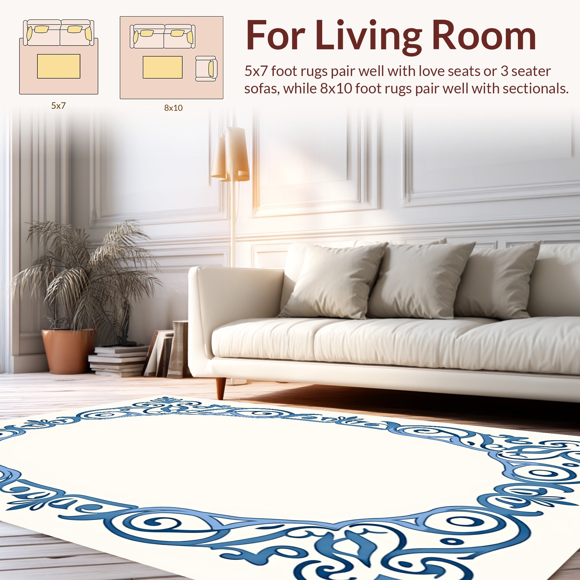 Elegant Blue Scrollwork Floral Frame Rug